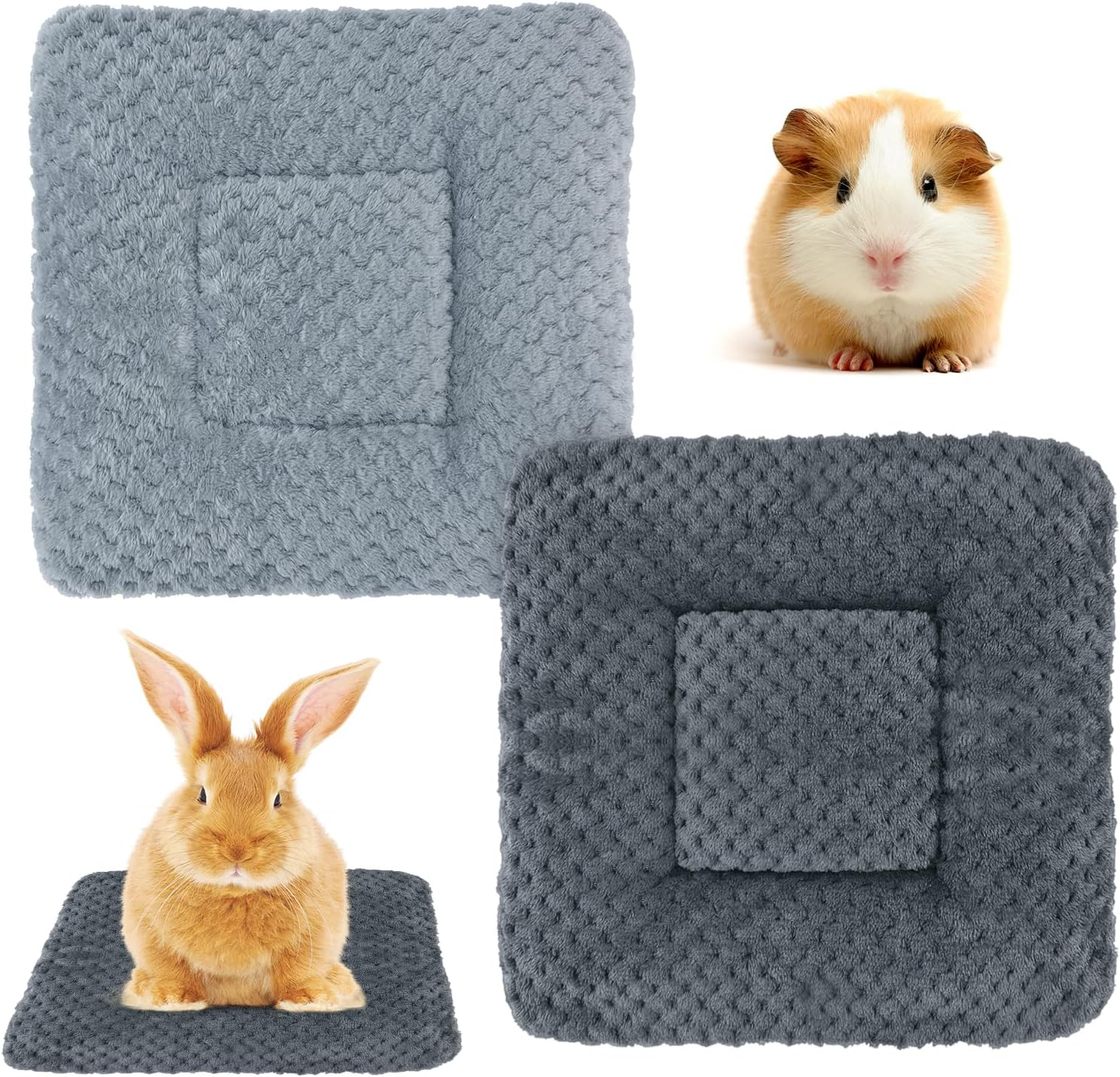 2Pcs Guinea Pig Bed Mat Small Animal Plush Bed Soft Warm Bedding Mat Blanket for Cage Accessories Winter Fluffy Sleep Pad for Bunny Rat Rabbit Hamster Hedgehog Ferret Squirrel (Black&Gray, 30X30Cm)