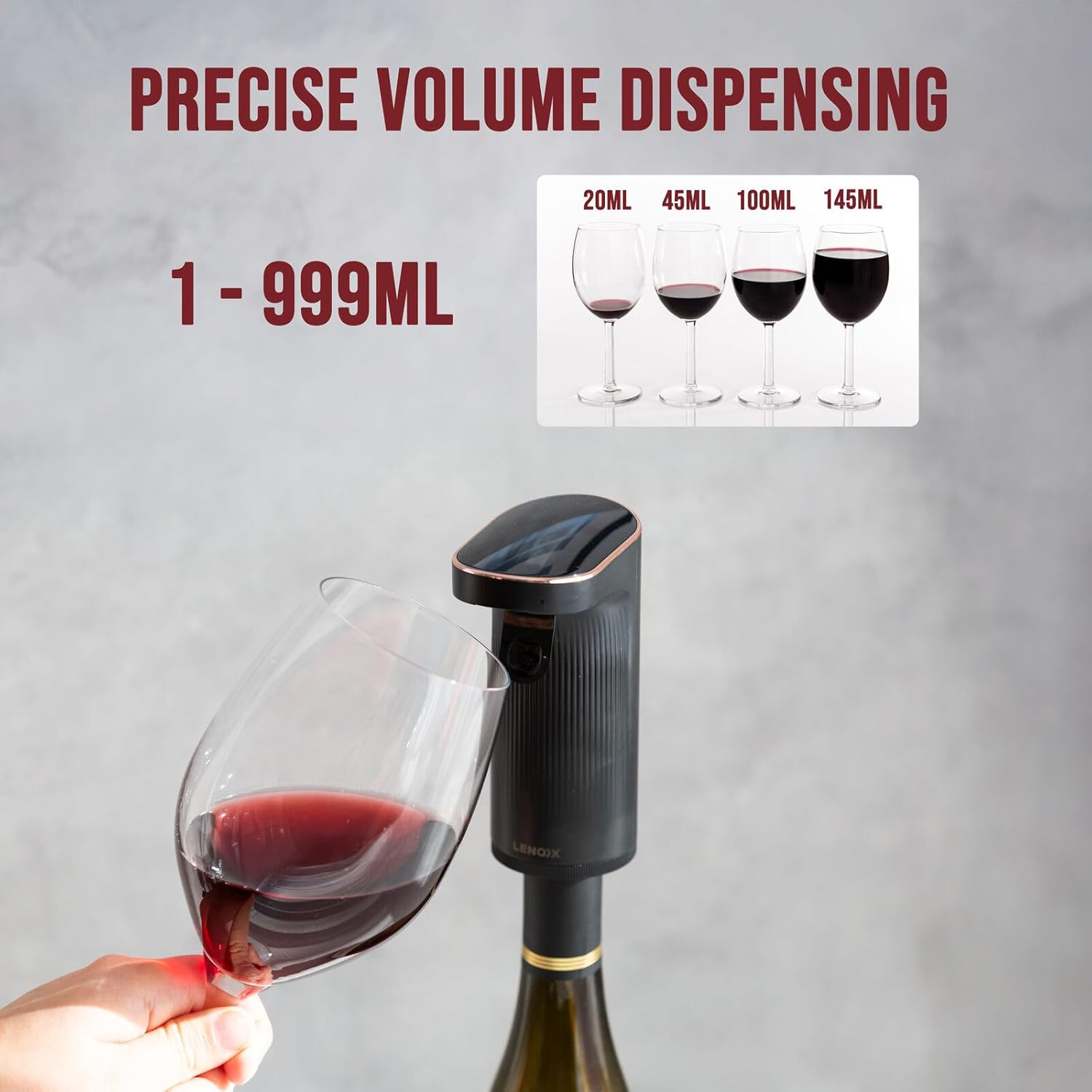 Lenoxx Instant Wine Aerator & Dispenser with Adjustable Silicone Bottle Adapters, Digital Display, Multiple Dispensing Modes, Memory Function & USB Rechargeable image number 4