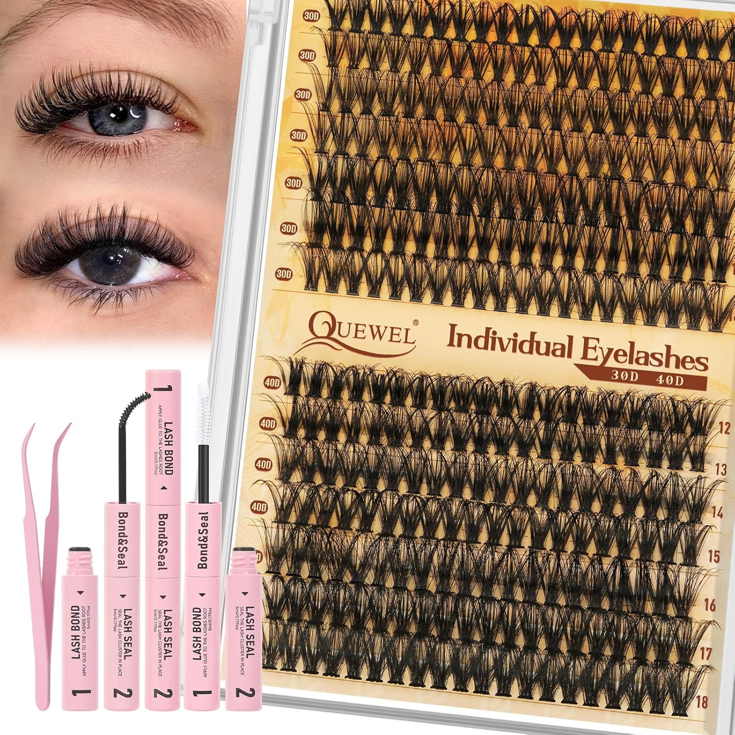 QUEWEL DIY Lash Extension Kit 280Pcs Lash Clusters Eyelash Extension Kit Mix 12-18Mm 30D 40D Individual Lashes Kit with Lash Bond and Seal and Tweezers for Easy DIY at Home(Dj-30+40D Kit)