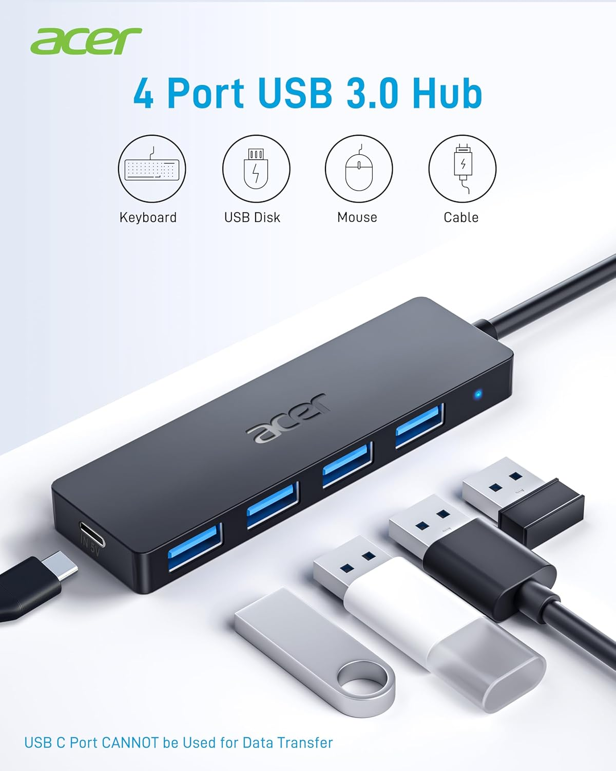 Acer USB C Hub 4 Ports (5Gbps,Ultra-Slim) Multiple USB Splitter with 2Ft USB Hub for Xbox,Flashdrive,Hdd,Macbook,Camera,Keyborad,Mouse with USB C Power Port[Charging Not Supported] image number 3