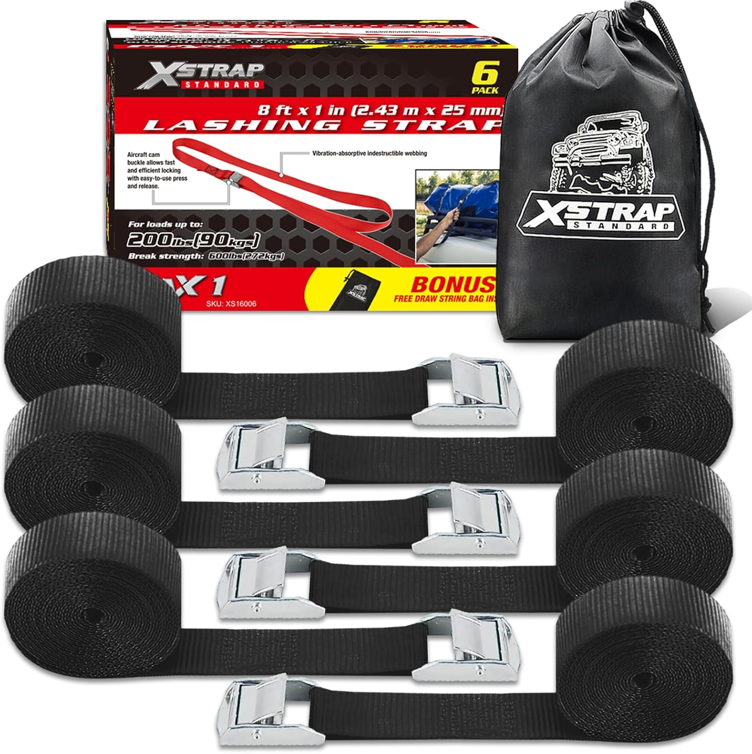 XSTRAP Ratchet Tie down Straps 6PK 8FT 1-Inch, Red