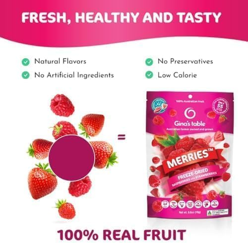 Gina&rsquo;S Table Merries &ndash; Freeze Dried Raspberries & Strawberries &ndash; Healthy Fruit Snack for Everyone, 100% Australian Farm Fruit, No Added Sugar, Rich in Antioxidants & Fibre, Low Calorie, Vegan &ndash; 10 X 18G Value Pack image number 4