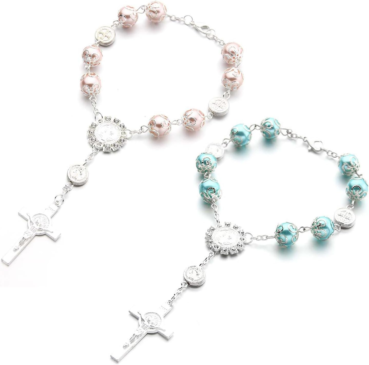 Ziciner 2 PCS Car Rosary for Rearview Mirror, Personalized Blessing Rear View Mirror Hanging Decors, Auto Rearview Mirror Rosary Pendant, Car Interior Hanging Accessories (Silver)