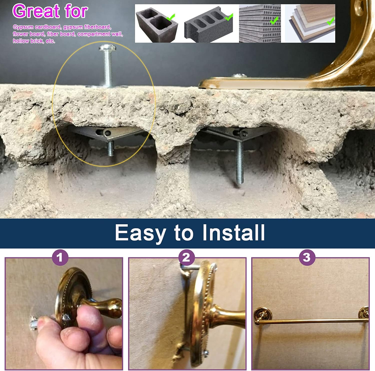 Swpeet Toggle Bolt and Wing Nut Kit for Hanging Heavy Items on Drywall (60PCS) image number 1