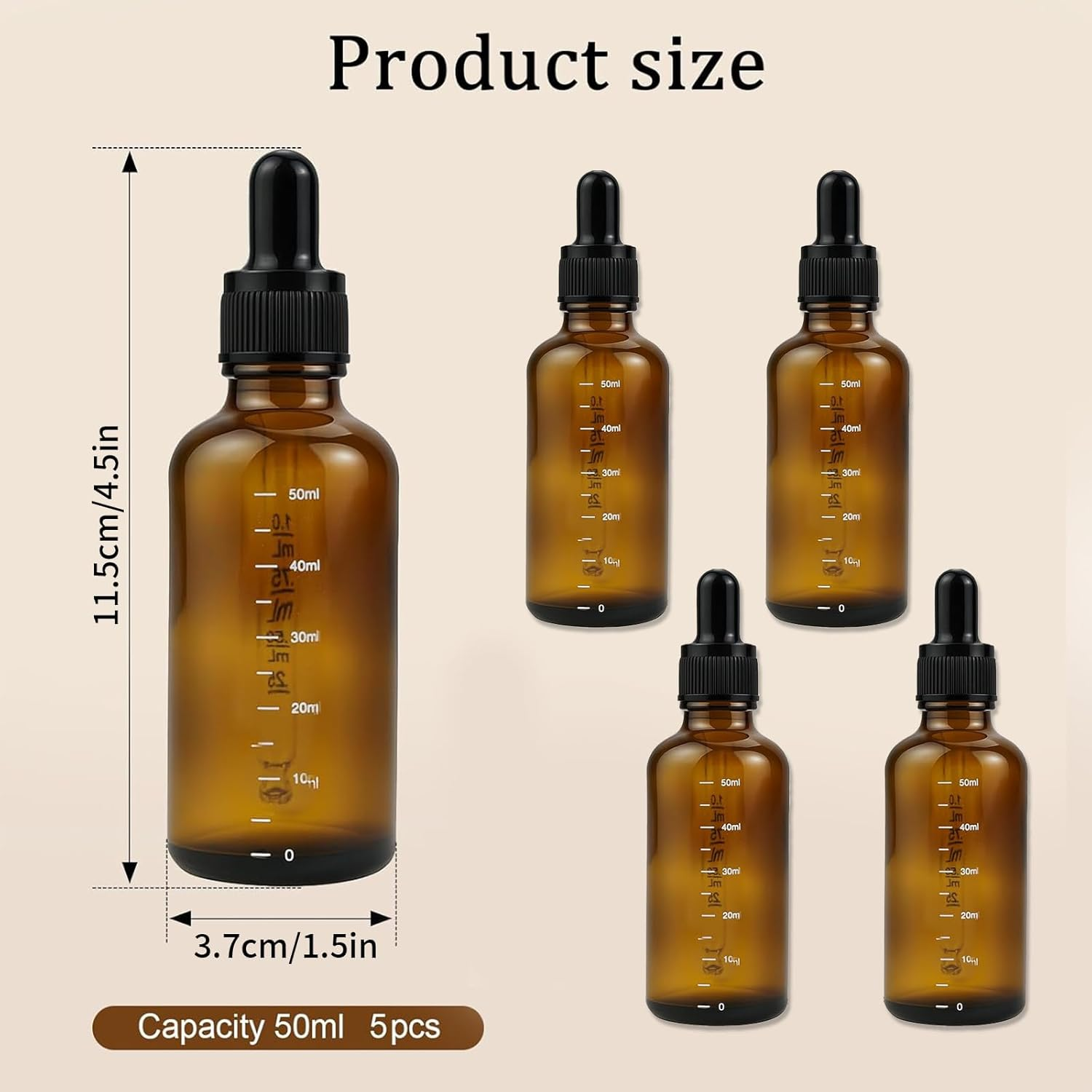 Kzvsiy 5 Pack 50 ML Glass Dropper Bottles with Graduated Scales, Leak-Proof Caps, and Precision Droppers, Uv-Protective Amber Bottles for Essential Oils, DIY Perfume, and Travel Liquid Storage image number 4