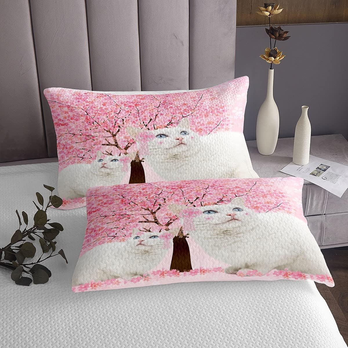 Feelingyou White Cats Bedspread Girls Teens, Watercolour Pink Flower Tree Duvet Set of 3 Decorative with 2 Pillowcases, Cute Kawaii Animal Motif Bed Linen Quilted 220 X 240 Cm for Girls Teens image number 4