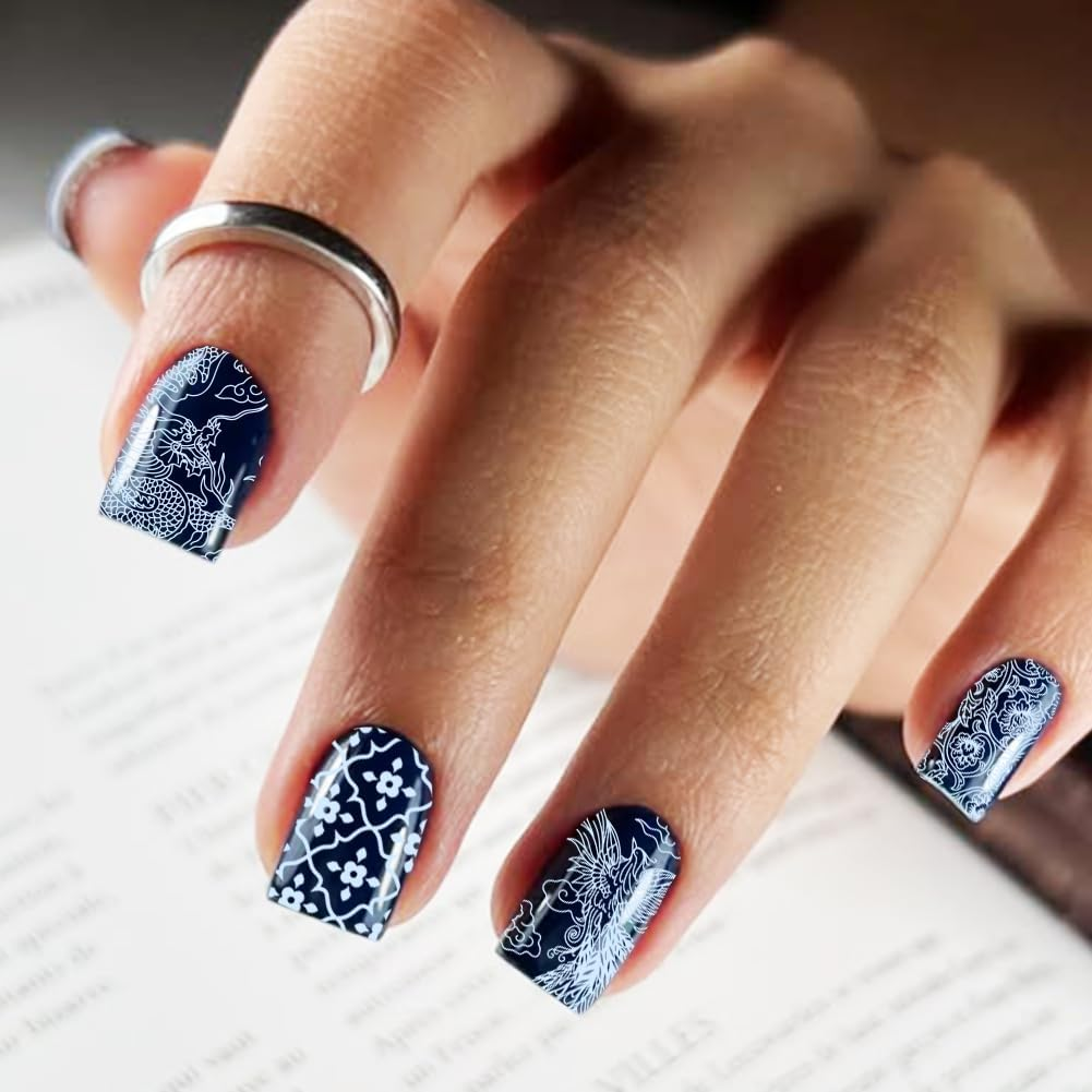 PH Pandahall Pack of 3 Chinese Porcelain Nail Stamp Plates Dragon Phoenix Pattern Nail Art Stencils Pottery Texture Nail Art Stencils Flower Nail Picture Plates for Women Nail Design 12 X 6 Cm image number 1