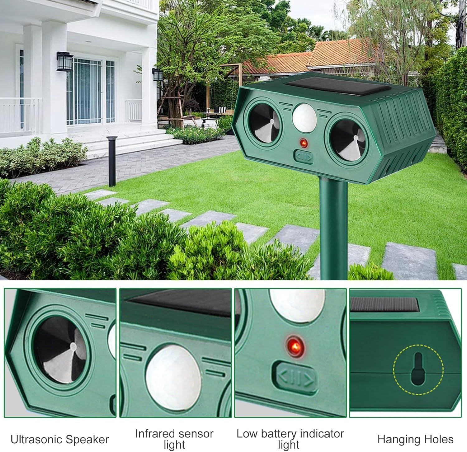 ​Cyperever Solar Powered Ultrasonic Animal Repeller Outdoor, Cat Repellent Possum Deterrent Bird Deterrent Snake Repellent, Motion Sensor & Dual Speakers for Dogs Foxes Rodents​​ 2 Pack image number 6