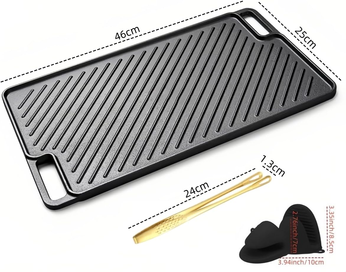 Cast Iron Reversible Grill Plate, Double-Sided Griddle Pan with Tongs & Gloves, Rectangular Grilling Pan for Stove Tops, Gas Grills, Outdoor Cooking, 46&times;25Cm image number 3