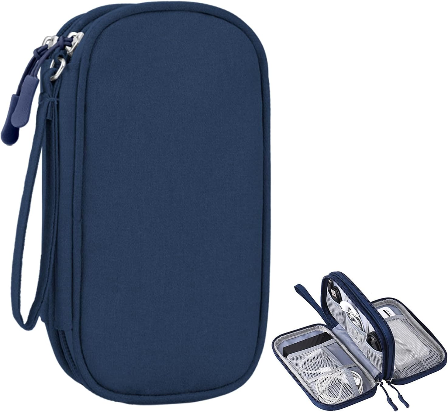 Beownest Travel Electronic Organizer Bag 21X14X5Cm, 2-Layer Waterproof Tech Organizer with USB Ports & Cable Management for Power Bank, Laptop Adapter, Phone, Earbuds (Navy)