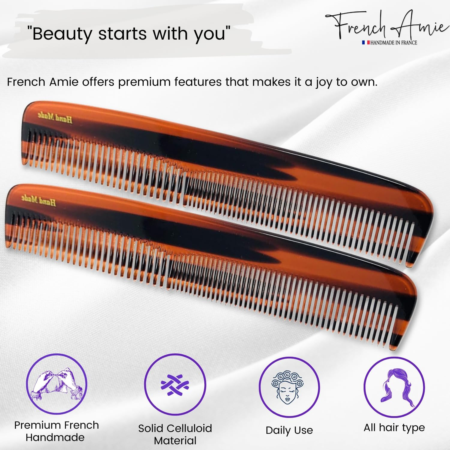 French Amie Sleek Handmade Tortoise Shell 7 Inch Long Celluloid Acetate Hair Dressing Combs 2 Pcs for Girls and Women image number 2