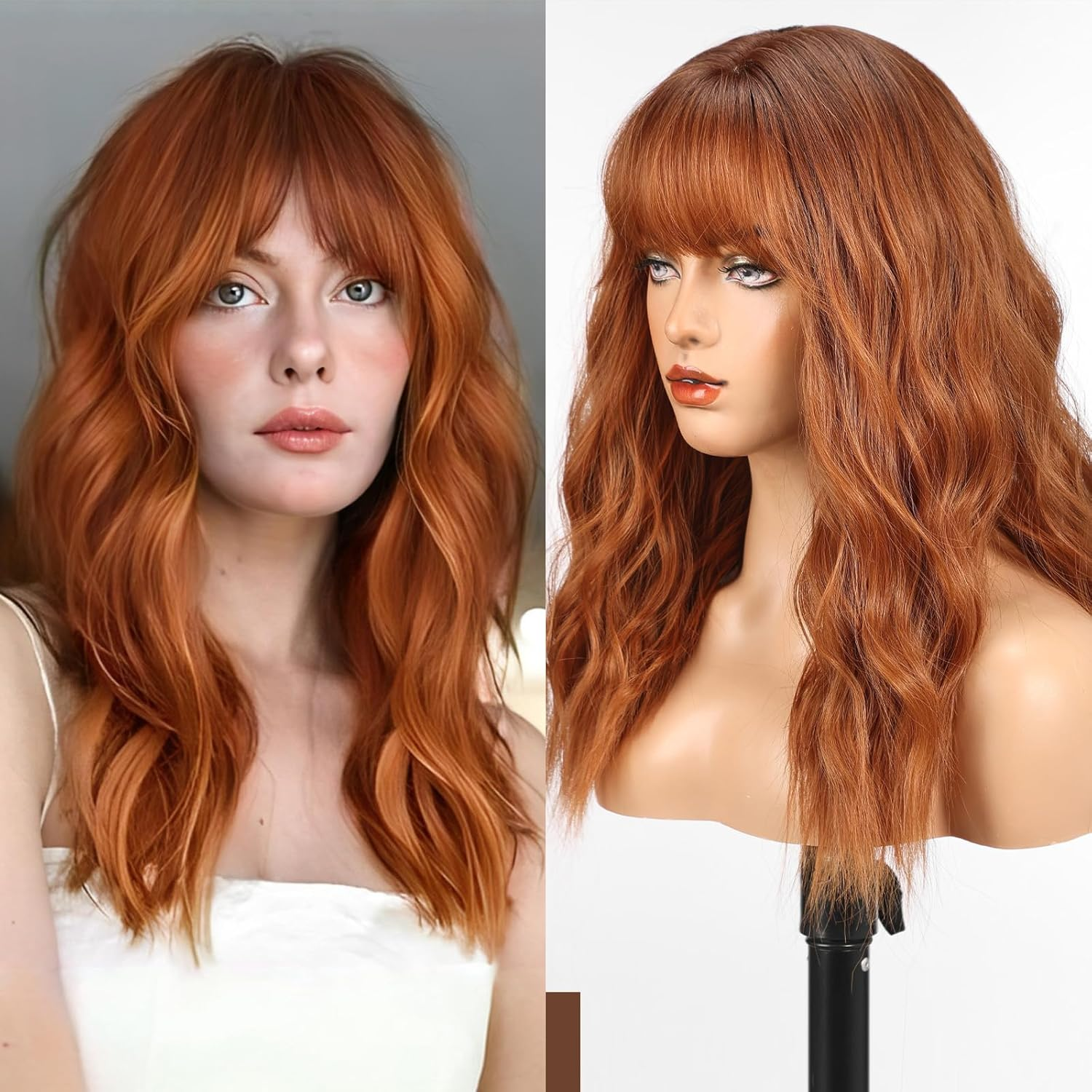 WOKESTAR Long Wig with Fringe Synthetic Wavy Wigs for Women Ginger Colour image number 4
