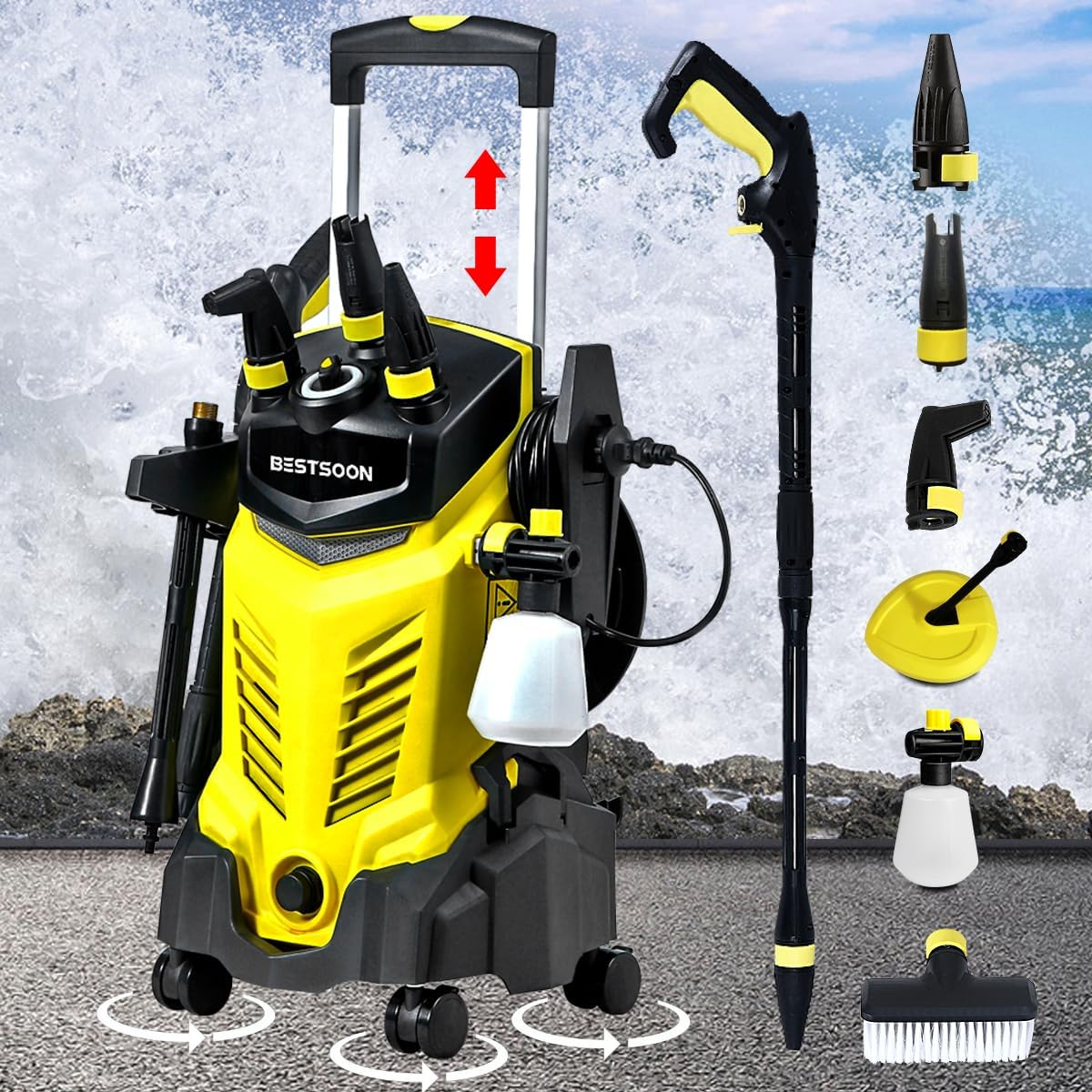 3800PSI High Electric Pressure Washer Power Washer with 360&deg; Spinner Wheels 2400W High Power 260Bar Jet Cleaner Sprayer Detergent Bottle Turbo Nozzle