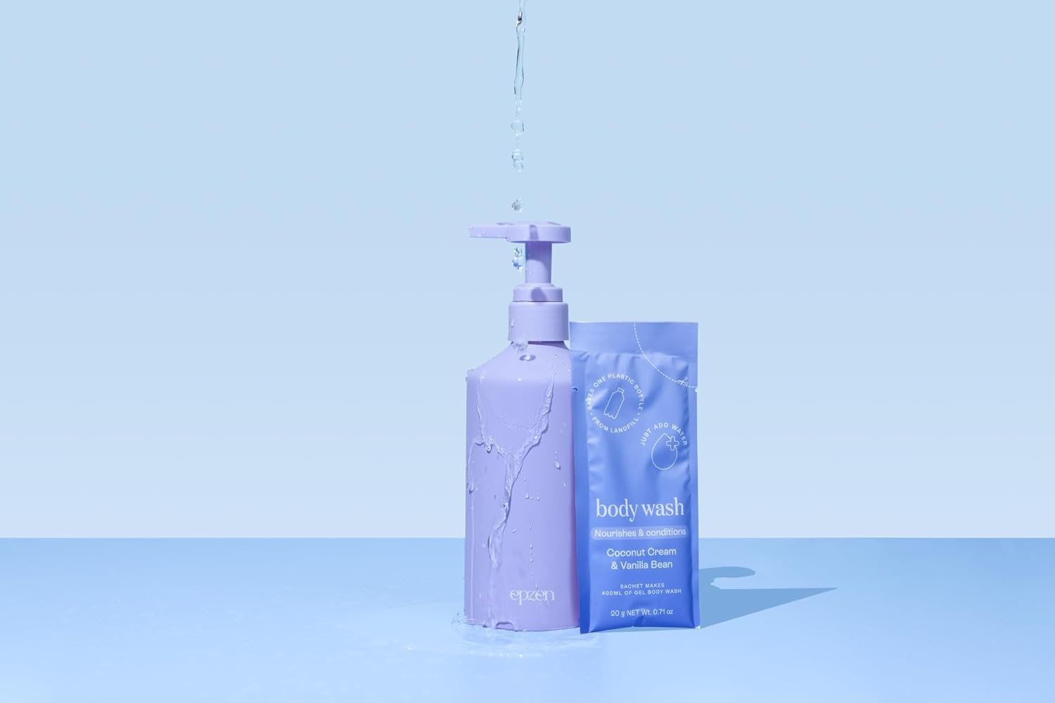 Epzen Coconut Cream & Vanilla Bean Body Wash Starter Pack - Organic Powder-To-Gel with AHA, Inulin, Oatmeal - Non-Stripping, Luxurious Lather &ndash; Refillable