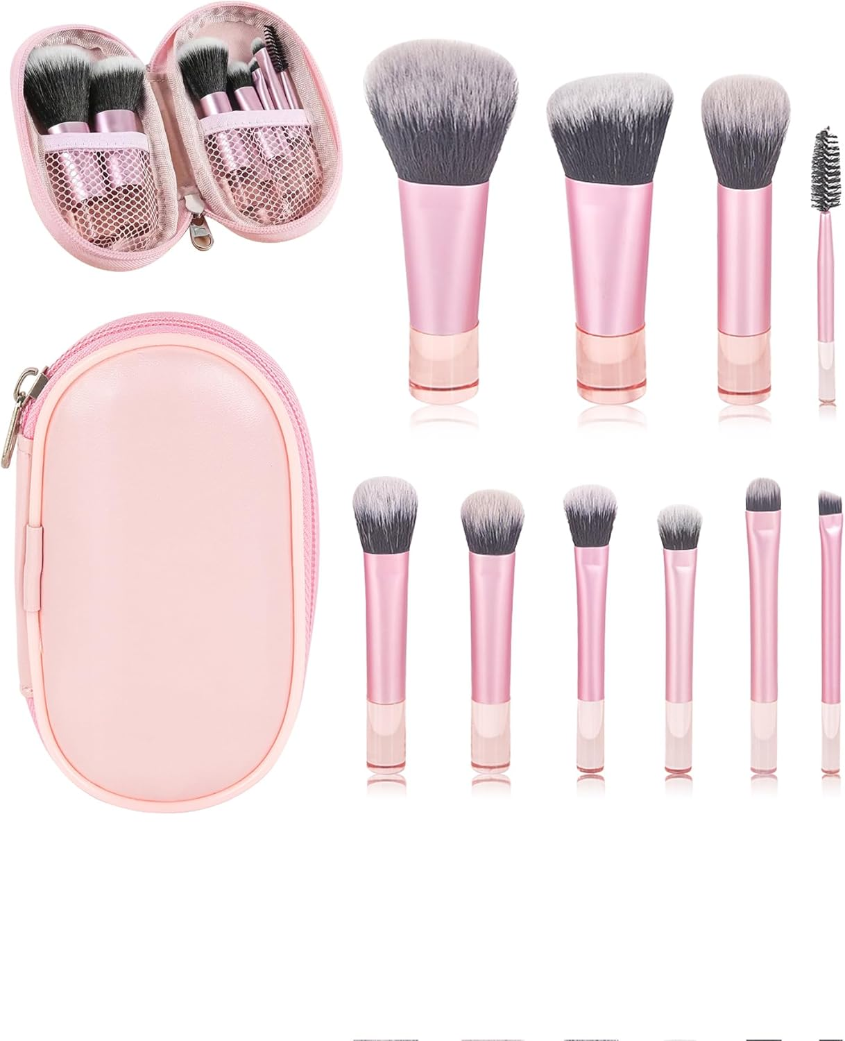 Travel Makeup Brush Set, 10 Pcs Easy-Taken Travel Mini Cosmetic Brushes Kit, Complete Function Makeup Tools for Foundation, Blush, Contour, Eyeshadow, Powder (Pink)