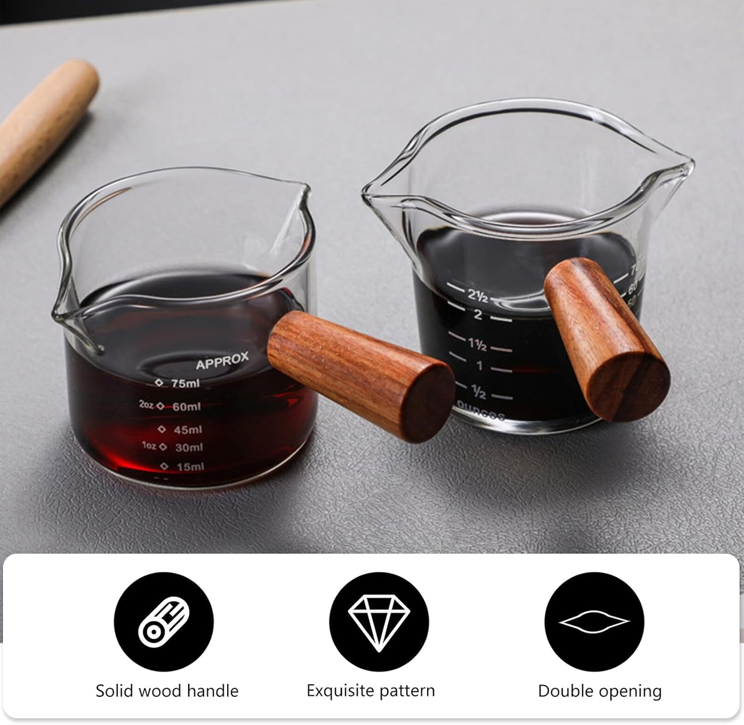 Cabilock Glass Milk Cup with Wooden Handle Double Spout Measuring Cup for Latte Art Coffee Espresso Cappuccino Accessories Home Coffee Bar Practical and Easy to Clean