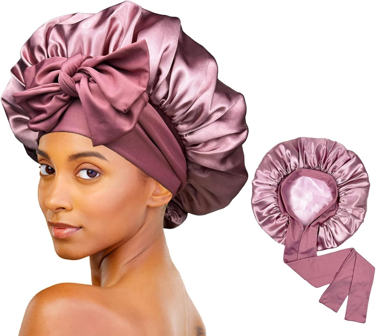 Silky Satin Bonnet for Sleeping,Double Layer Silk Hair Bonnet Women Large Wide Soft Band Sleep Cap for Curly Hair Braids image number 1