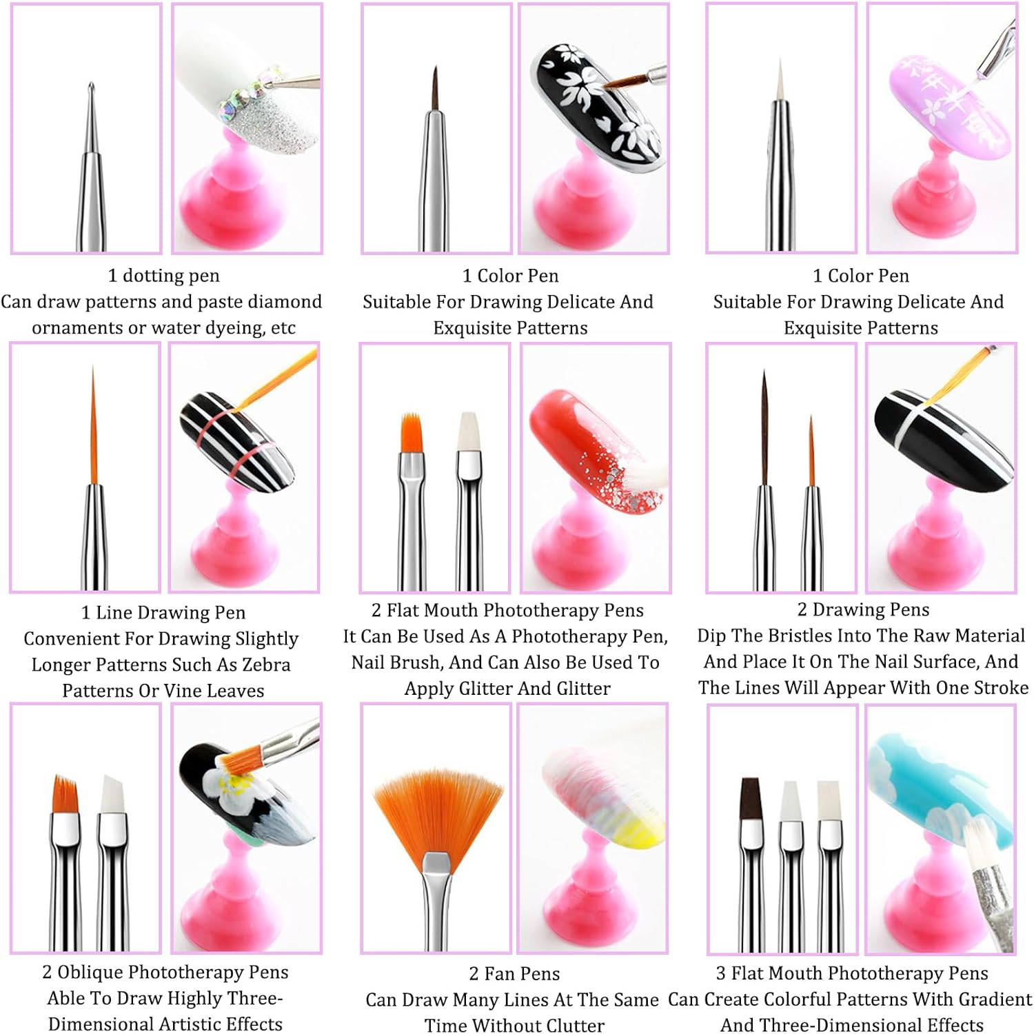 BDSHUNBF 26 Piece Nail Brush Set Dotting Tools Double Head Silicone Nail Brush Nail Art Rendering Tools Including 4 Replacement Heads, Gel Carving Brush Sponge Brush Applicator Manicure Tools image number 6