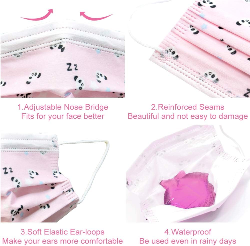 Kids Disposable Face Mask Girls - Flyaudio 50Pcs 3 Ply Face Mask for Children with Earloops, Breathable Comfortable, Soft on Skin, Perfect Size Mask for Boys & Girls, Pink Panda image number 2