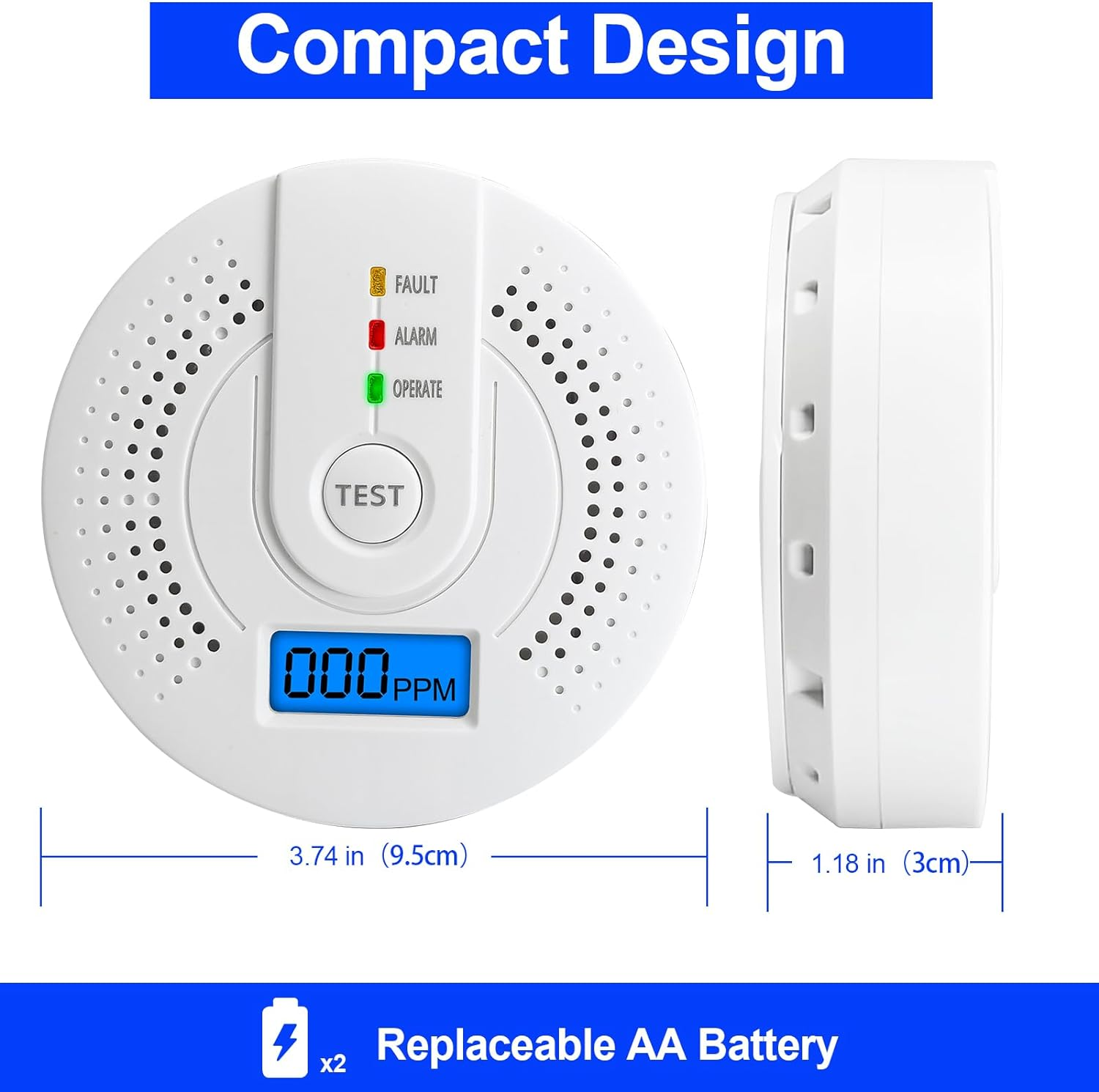Carbon Monoxide Detector,Replaceable Battery Operated CO Alarm Detector with Test Button and Digital Display Suitable for Home, Office,Comply with EN50291(AA Batteries NOT Included) image number 4