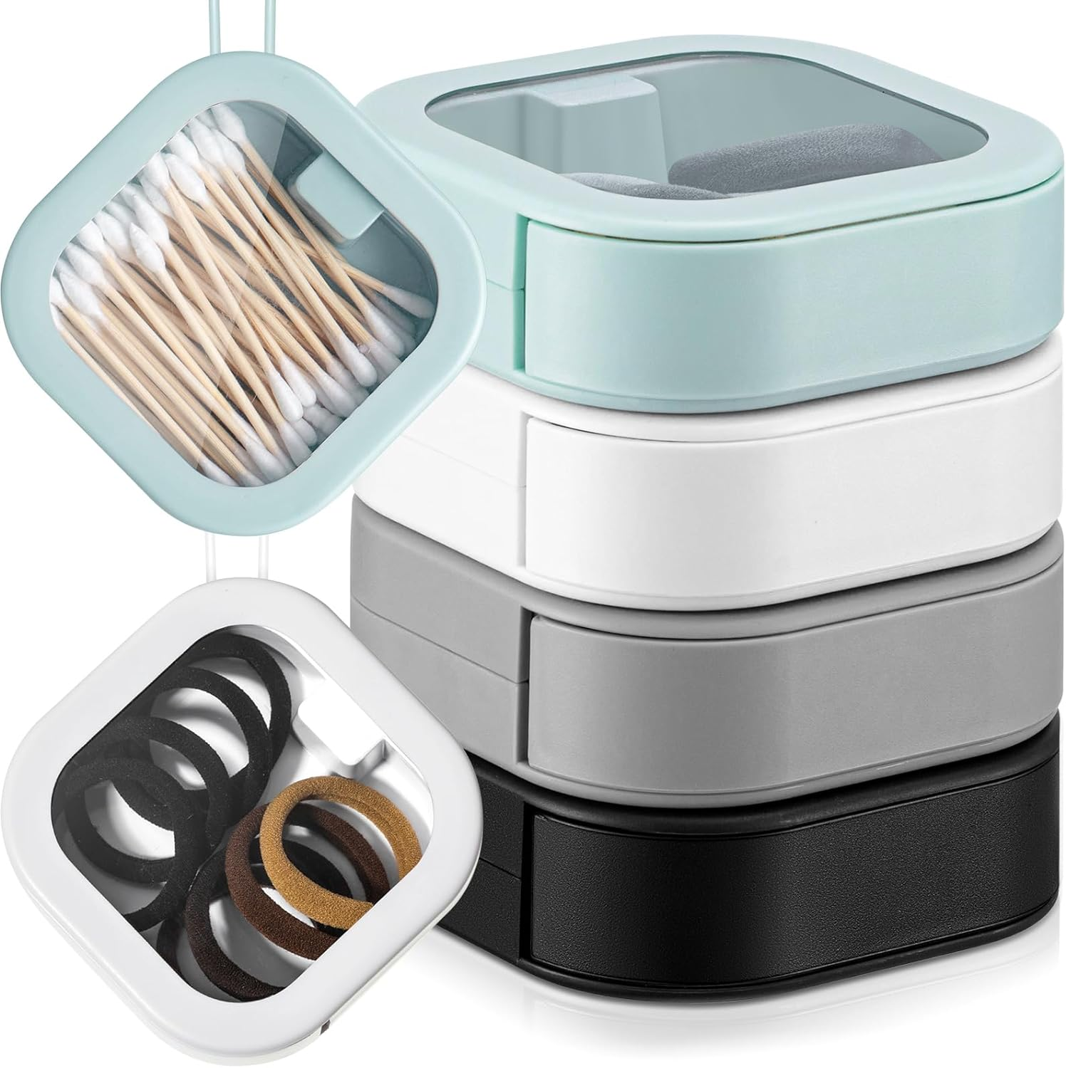 Kathfly 4 Pcs Black Hair Tie Organizer Portable Hair Accessory Storage Containers Stackable Tie Bobby Pin Holder Home Cotton Swab Dispenser Accessories Jewelry Organizer Box