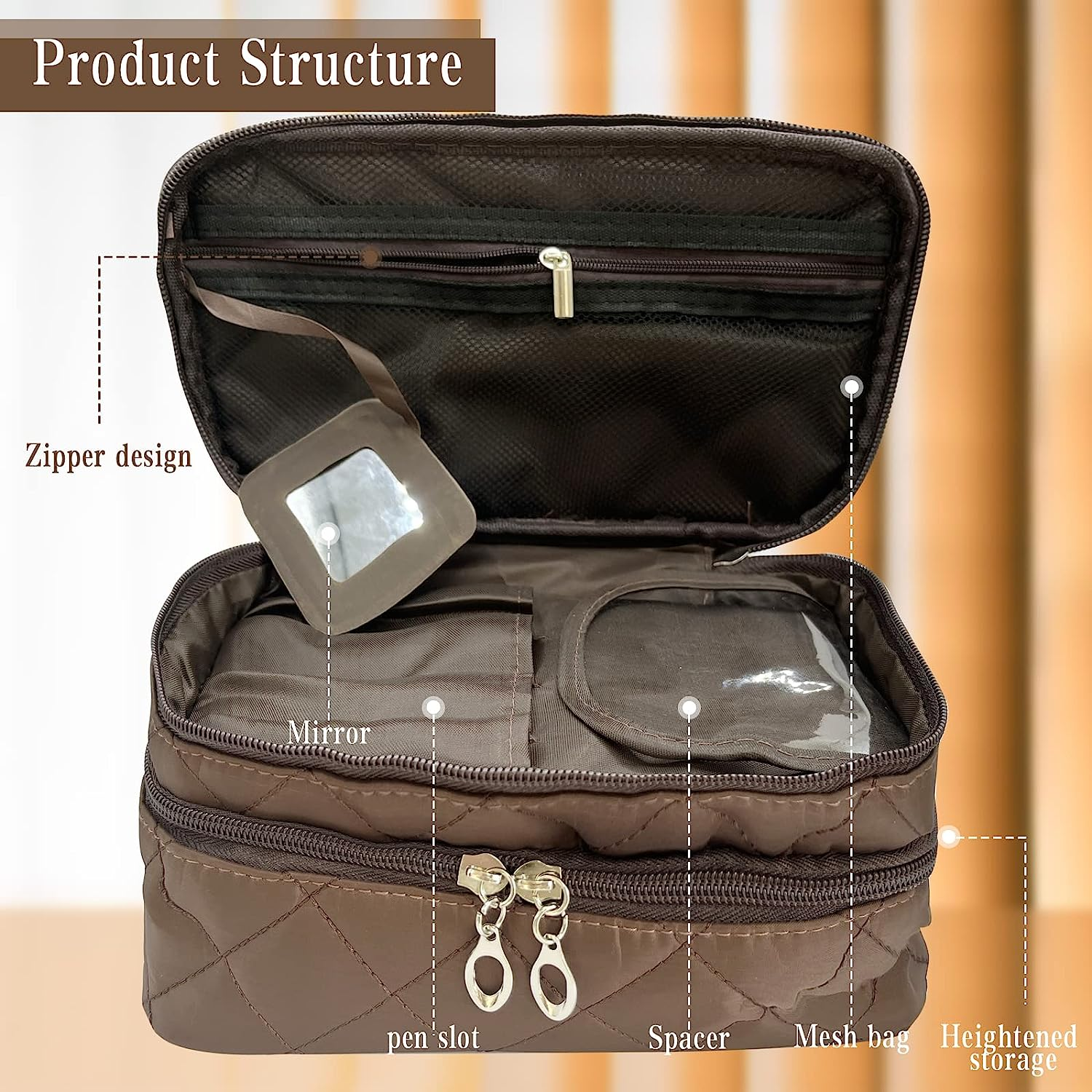 2 Layer Makeup Bag Organizer, Portable Travel Toiletry Bag, Large Capacity Make up Bag with Brush Compartment and Makeup Mirror, Multifunctional Cosmetic Bags for Women Travel Cosmetic Storage image number 1