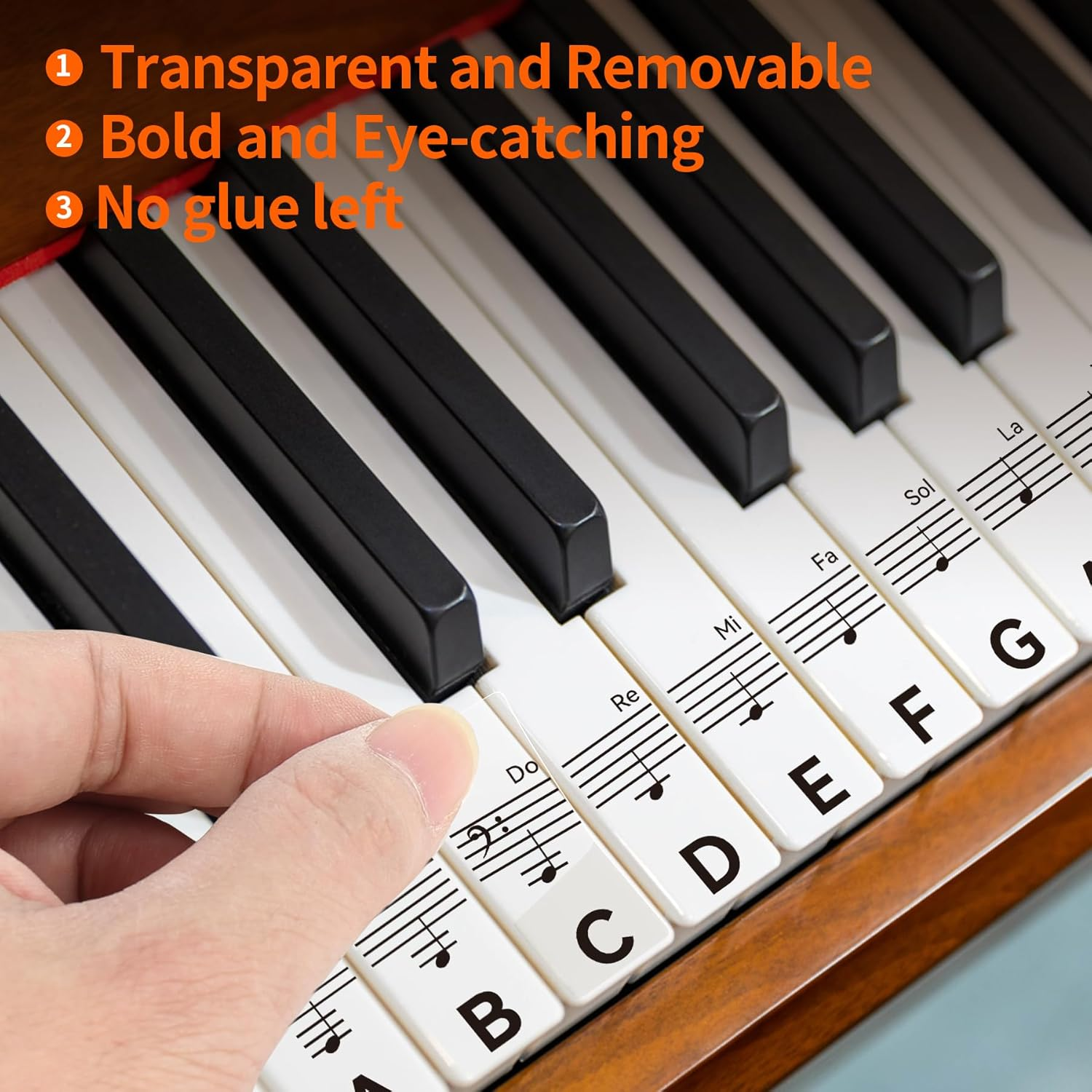 Runzoos Piano Keyboard Stickers for 88/76/61/54/49 Keys, Transparent and Removable Piano Stickers for Beginners, Keyboard Letters Labels, Piano Notes Guide (Black) - Black image number 4