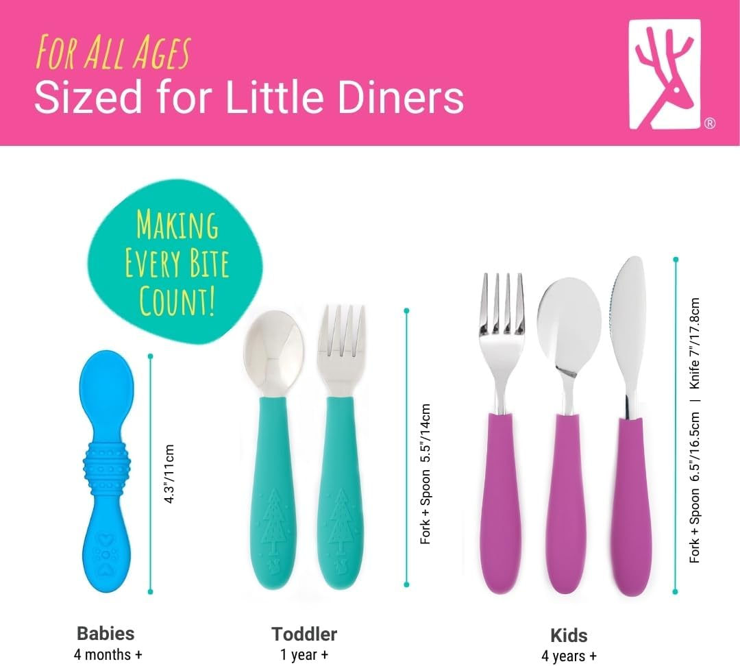Elk and Friends Kids Silverware with Silicone Handle | Childrens Safe Flatware | Toddler Utensils | Baby Spoons + Forks | Stainless Steel Cutlery | Dishwasher Safe | 6 Pieces image number 4