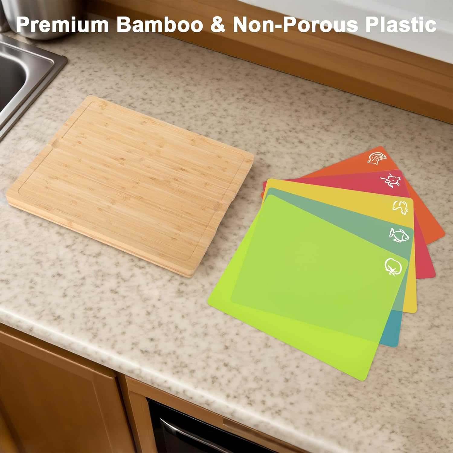 Kisfam Bamboo Chopping Board Set with Holder & 5 Non-Slip Cutting Boards - Color Coded Plastic Mats for Kitchen, Food Safe BPA Free - Cutting Board Storage (Red,Green,Blue,Yellow, Orange) image number 4