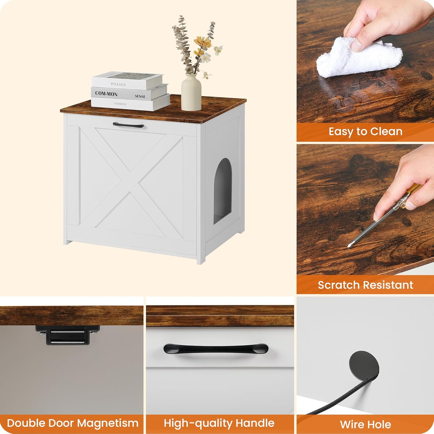 Dwanton Cat Litter Box Furniture Hidden, Cat Litter Box Enclosure, Reversible Entrance Can Be on Left or Right Side, Indoor Cabinet, Wooden Washroom, End Table, White and Rustic Brown, 23.6" L image number 3