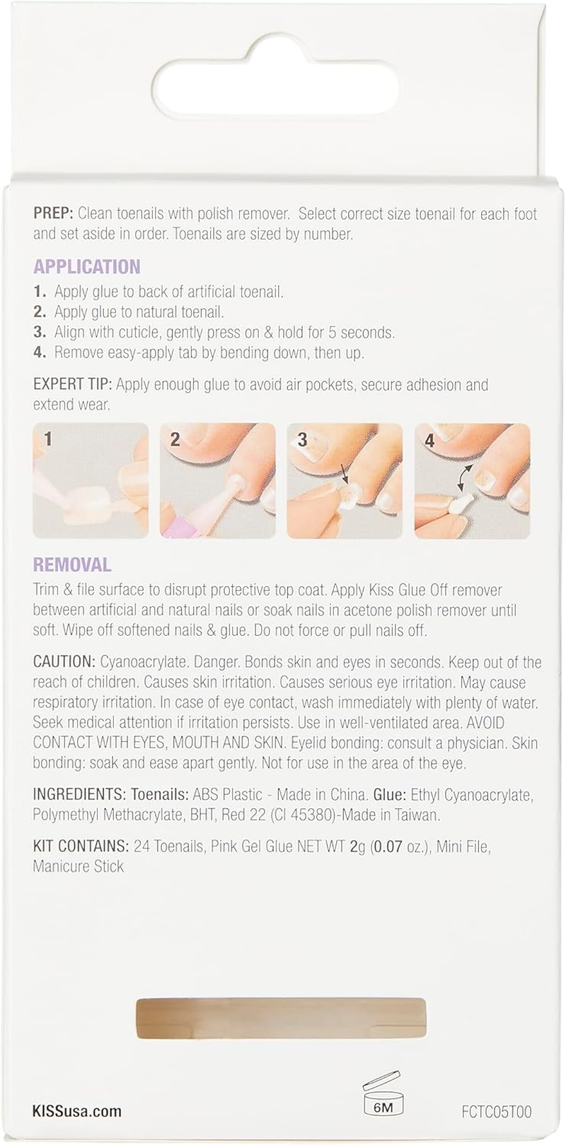 KISS Gel Fantasy Fake White Toenails Pedicure Set with Mini Nail File, Nail Glue & 28 Glue-On Fake Nails