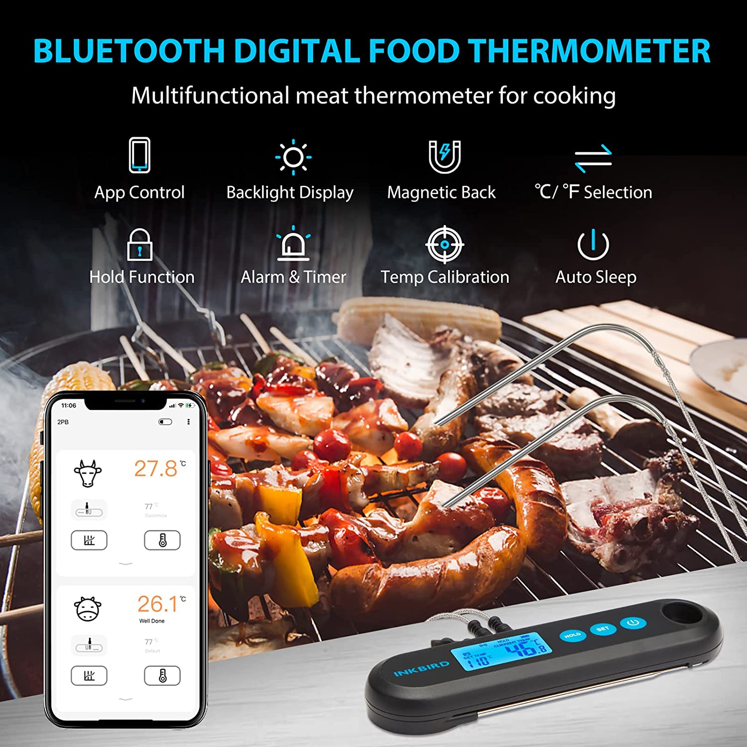 Inkbird Bluetooth Digital Meat Thermometer with External Probes Backlight Display 2 Sec Instant Readout Support Temperature Alarms and Timers Rechargeableinstant Read Cooking Thermometer for Grilling BBQ Poultry Outdoor Barbecue Kitchen (IHT-2PB + 2 Probes)