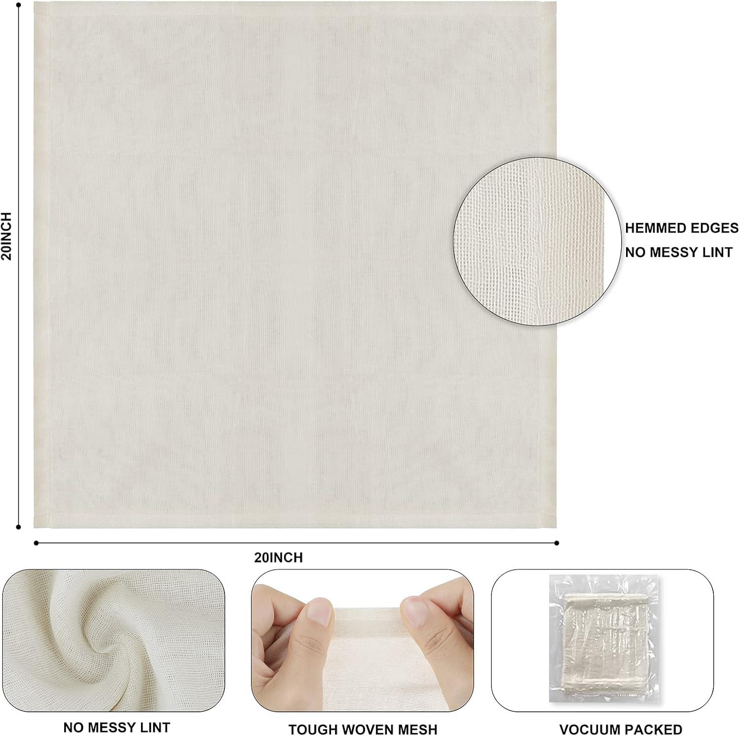 Cheesecloth Grade 90 20X20Inch Hemmed 100% Unbleached Cotton Reusable Ultra Fine Cheese Cloths for Straining Cooking Brewing Coffee Tea Cheesemaking and Baking as Strainer Filter - 50X50Cm2Pcs image number 1