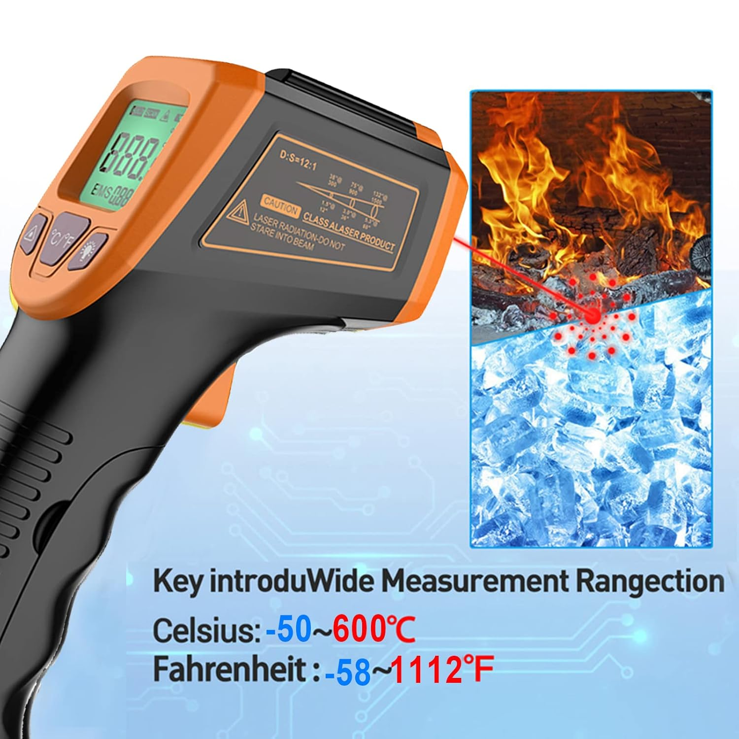 Infrared Thermometer, Non-Contact Digital Industrial Temperature Gun -58&deg;F to 1112&deg;F (-50&deg;C to 600&deg;C) with LCD Display,Orange image number 6