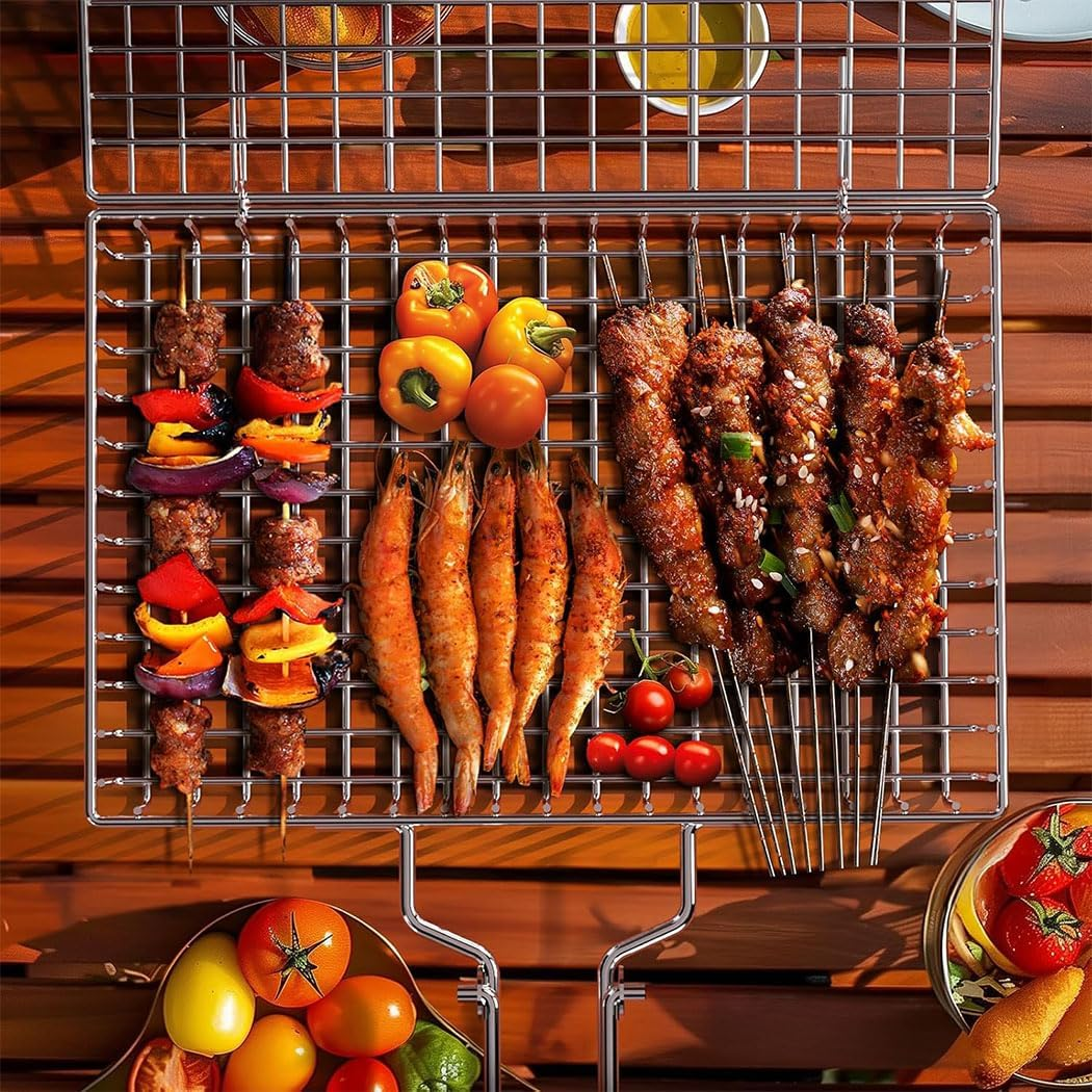 Idopick Grill Basket,Bbq Grilling Basket, 304 Stainless Steel Folding Fish Grilling Baskets with Removable Handle, Portable Outdoor Camping BBQ Rack for Fish, Shrimp, Vegetables, Barbeque Griller image number 2