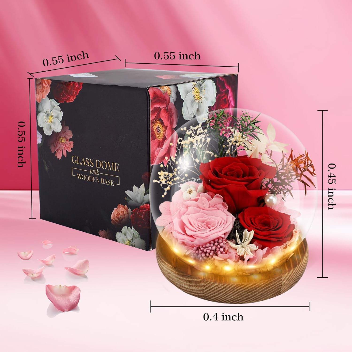 Rose in Glass Dome, Long-Lasting Real Flowers, with LED Light, Unique for Mother'S Day & Christmas & Valentine'S Day, Preserved Flowers Rose Gifts for Wife Girlfriend Mom (Red) image number 3