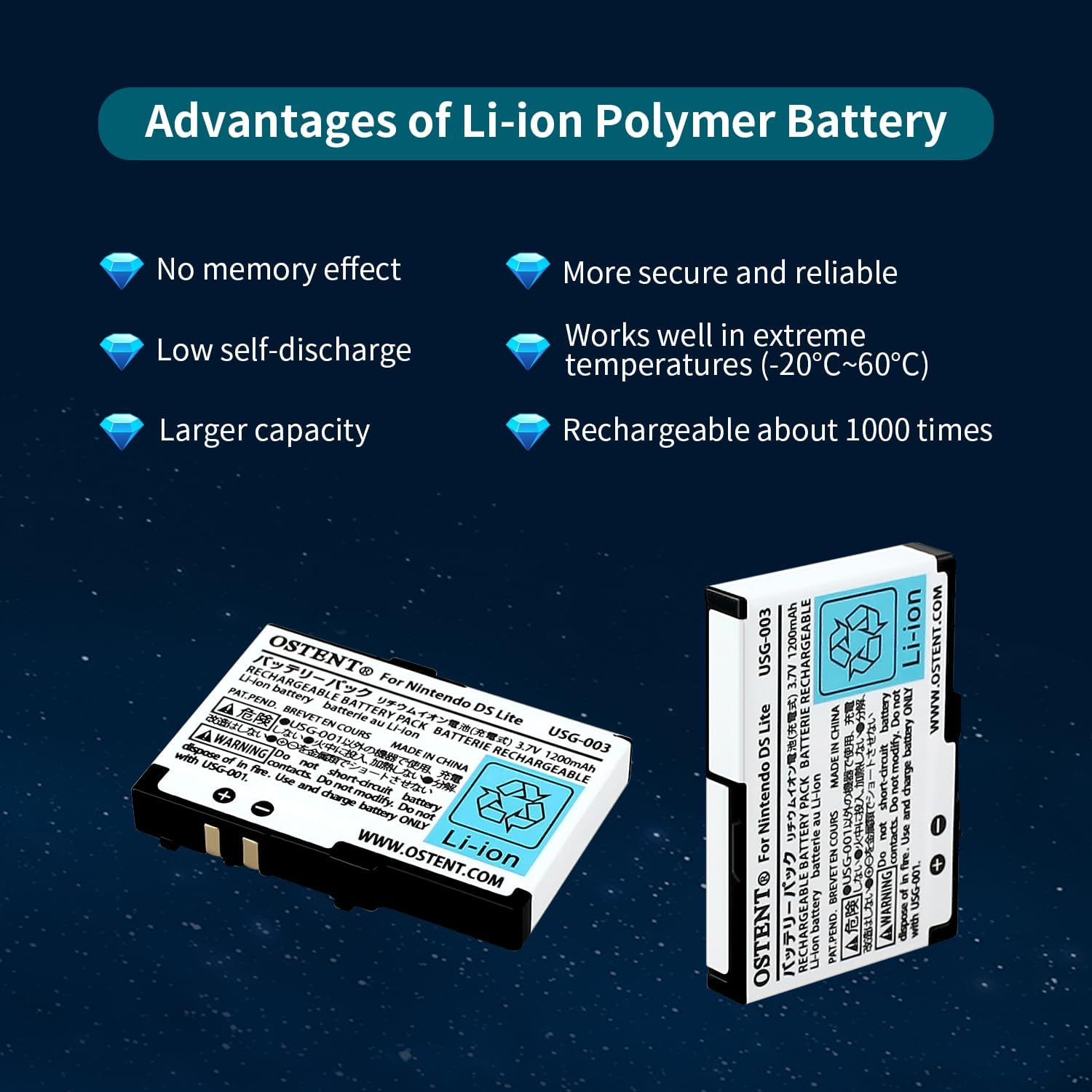 OSTENT 3.7V 1200Mah Rechargeable Li-Ion Polymer Lithium-Ion Battery Pack Tool Kit Pen for Nintendo DSL NDS Lite image number 3