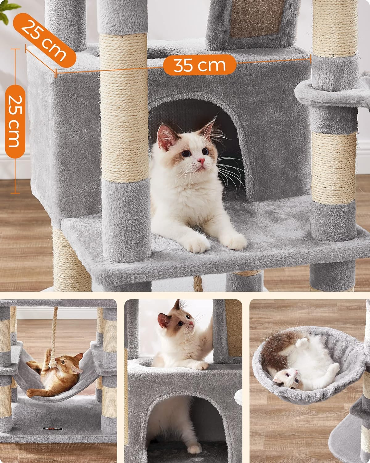FEANDREA Cat Tree, 168 Cm Large Cat Tower with 13 Scratching Posts, 1 Scratching Ramp, 2 Perches, 2 Caves, Basket, Hammock, Pompoms, Multi-Level Plush Cat Condo for Indoor Cats, Light Grey image number 1