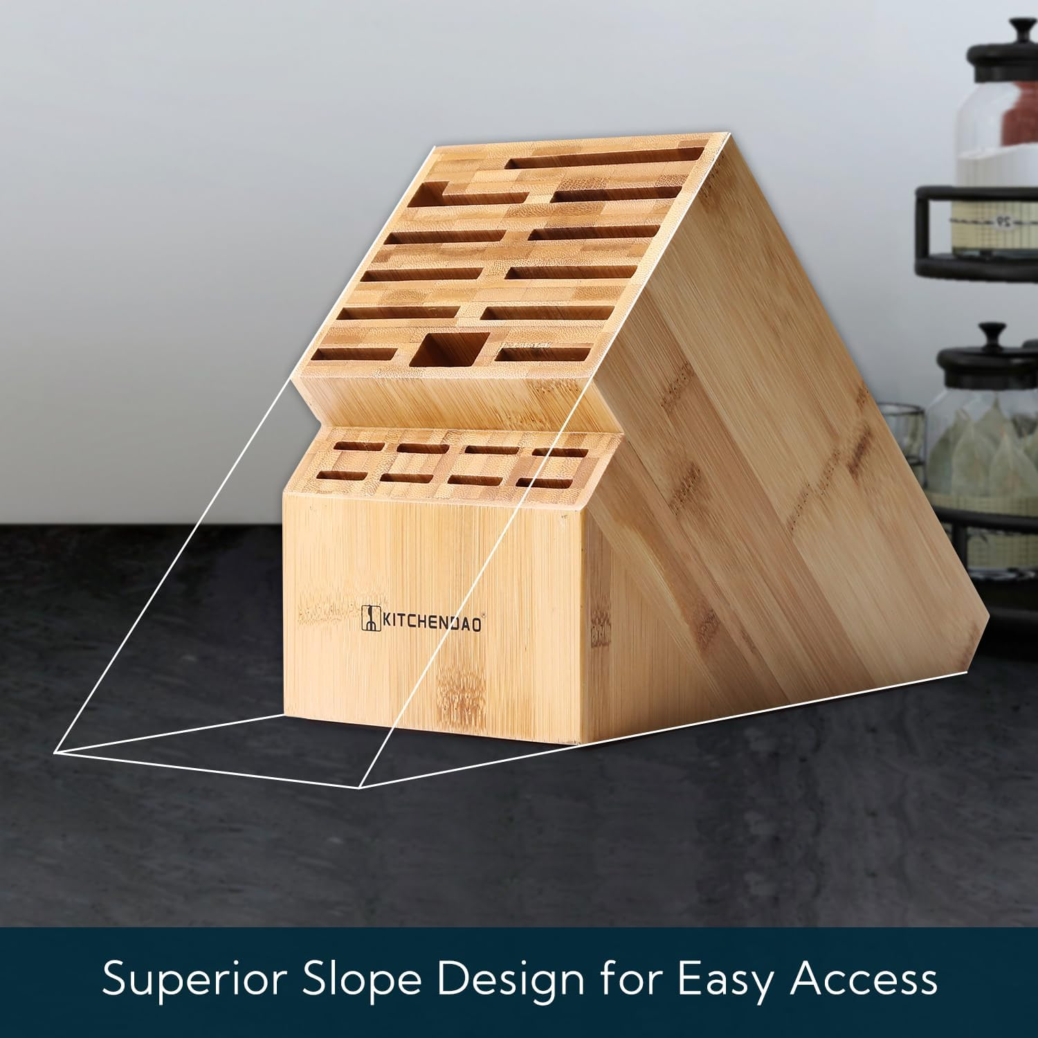 KITCHENDAO Deluxe 20 Slot Bamboo Knife Block without Knives, Countertop Butcher Block Kitchen Knife Stand, Hold Multiple Large Blade Knives, Wider Slots for Easier Storage