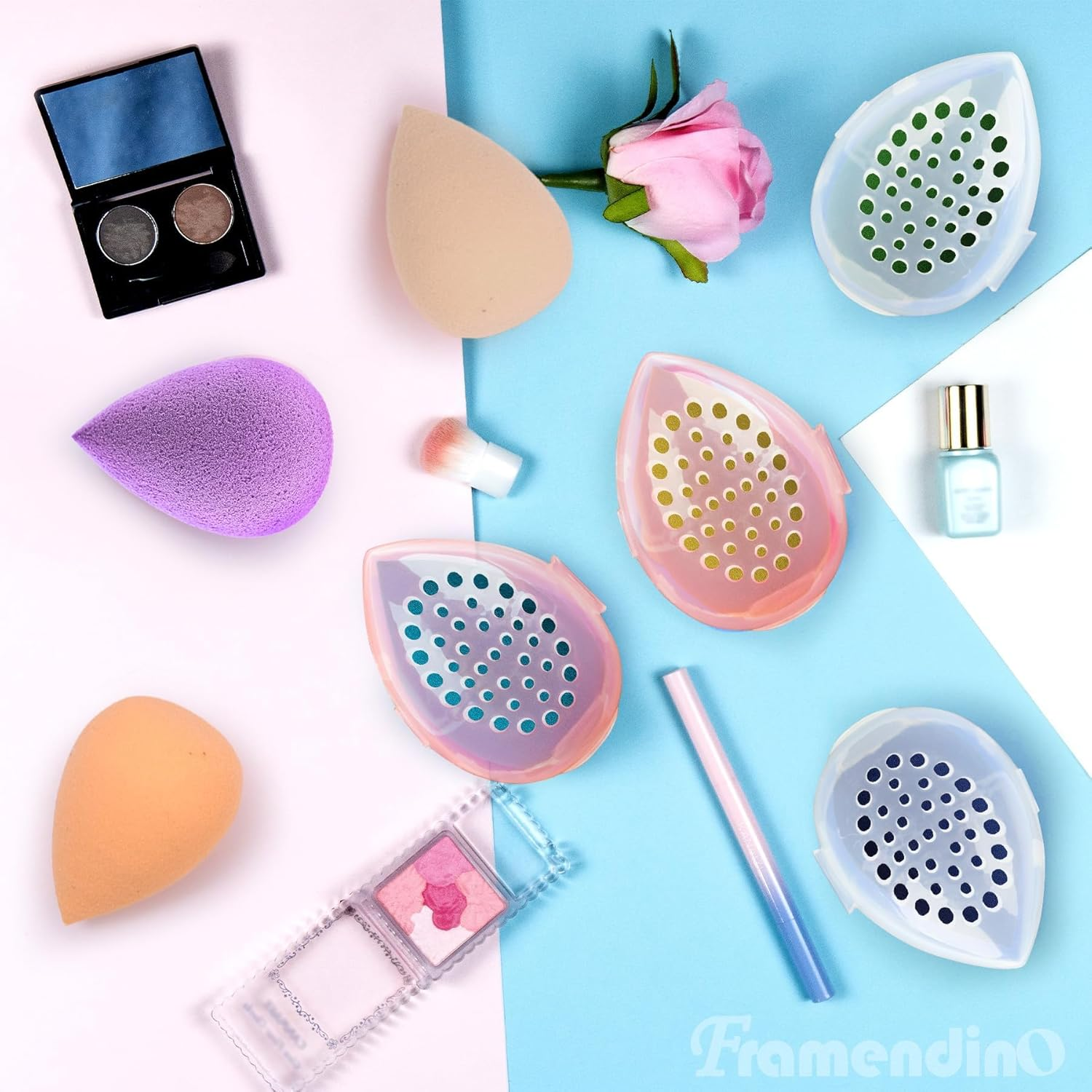 Framendino, 4 Pack Beauty Blender Sponge Container Breathable Makeup Case Clear Pink - Pink, Clear image number 6