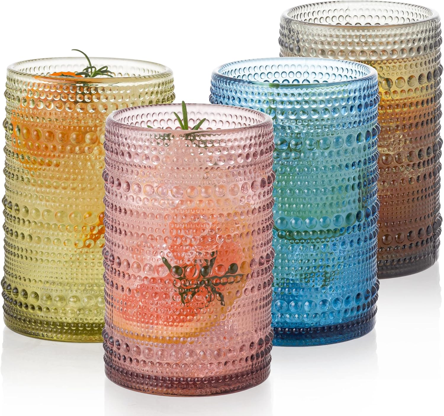 POLIDREAM 450Ml Colored Hobnail Drinking Glasses Set of 4, Vintage Glassware Set, Embossed Beaded Glass Cups, Water Tumbler for Cocktail, Juice and Various - Dishwasher Safe（Does Not Fade）