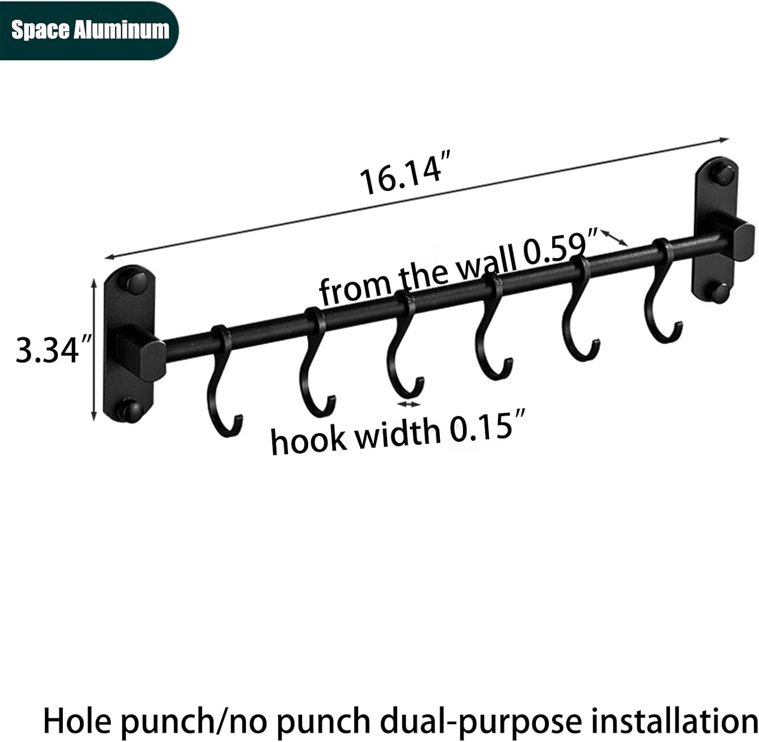 SHUOXIANG Kitchen Rail with 6 Sliding Hooks, Wall Mount Kitchen Utensil Rack, Pan and Pot Hangers Organization and Storage Holder Set, Black image number 3