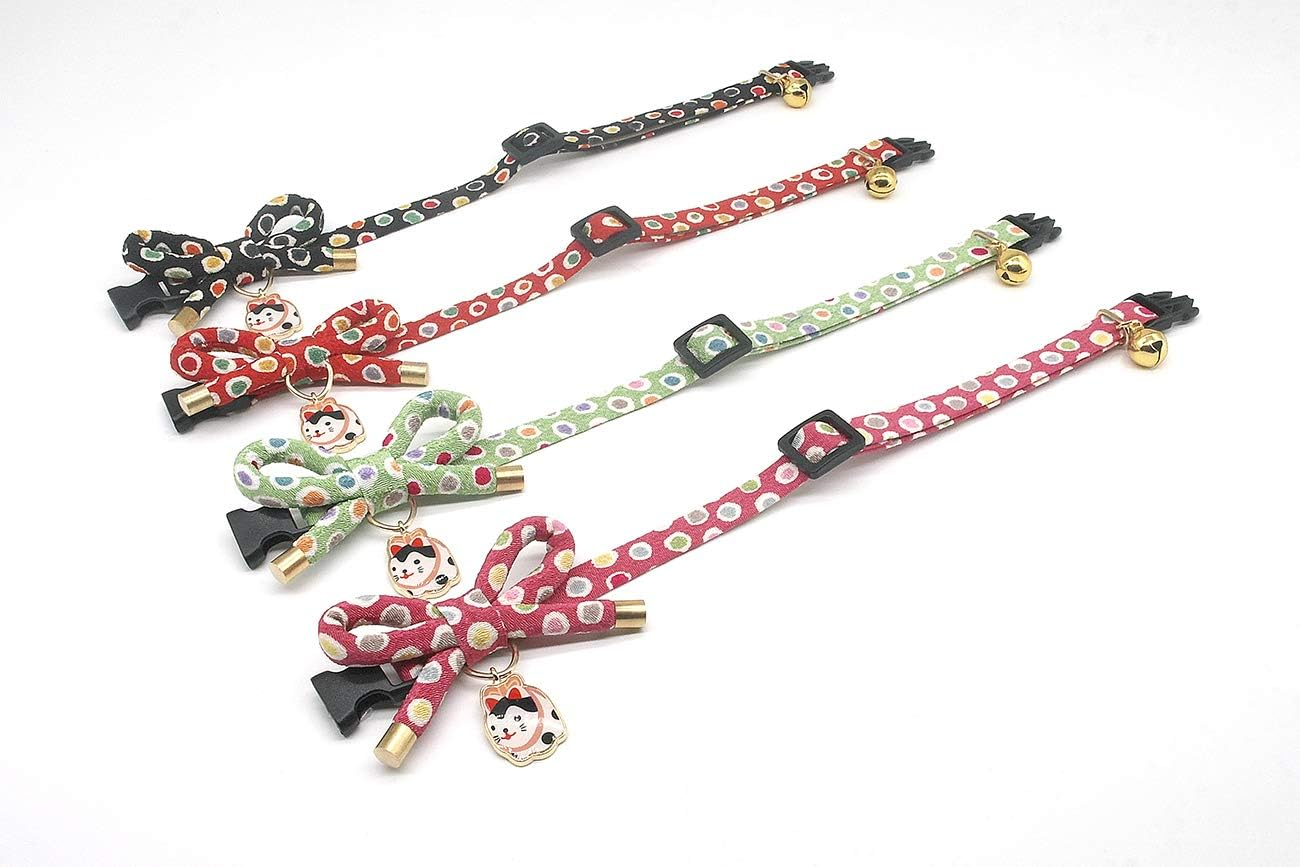 Petsokoo Cute Bowknot Cat Collar with Bell. Japan Colorful Polka Dots Pattern. Lucky Cat Charm. Safety Breakaway, Soft, for Girl Boy Male Female Adult Cats,Red image number 4