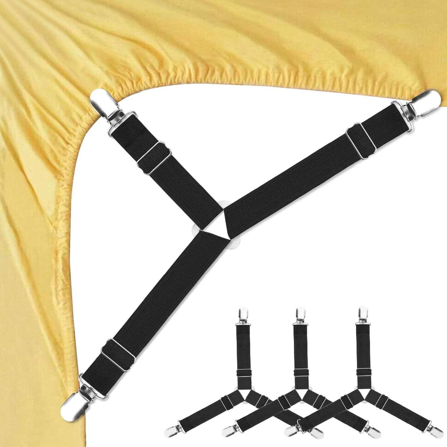 Bed Sheet Fasteners Holder Straps - Sheet Scrunchie with Elastic Bands and Corner Clips, Used for Bed Sheets, Mattress Covers, Sofa Cushion(Black, Pack of 4) image number 4