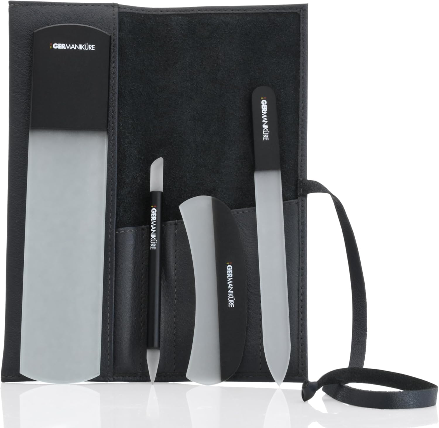 Germanikure 4Pc Genuine Crystal Glass Nail File Set - Moon File, Manicure Stick, Nail File, Pedicure Bar in Leather