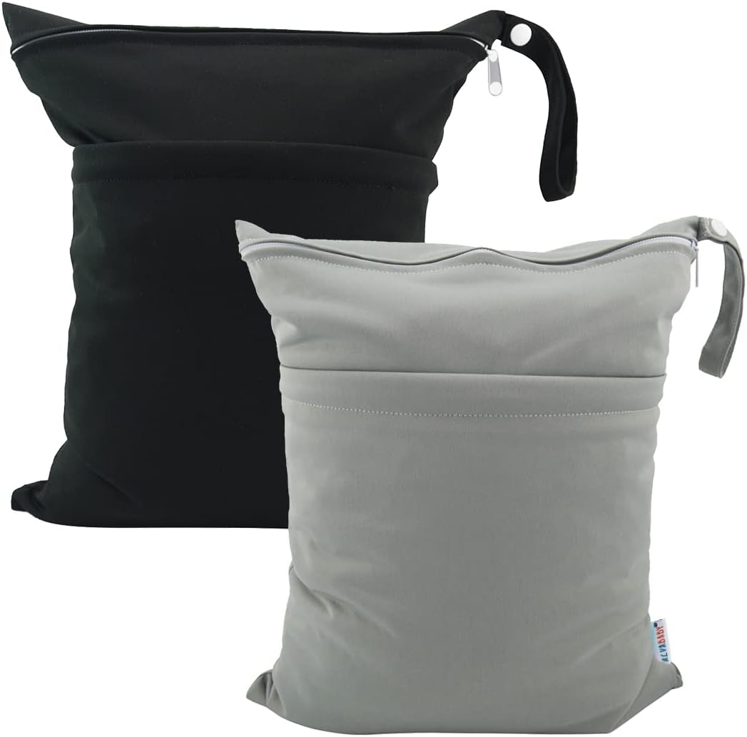 ALVABABY 2Pcs Cloth Diaper Wet/Dry Bags|Waterproof Reusable with Two Zippered Pockets|Travel, Beach, Pool, Daycare, Soiled Baby Items,Yoga，Gym Bag for Swimsuits or Wet Clothes L2629