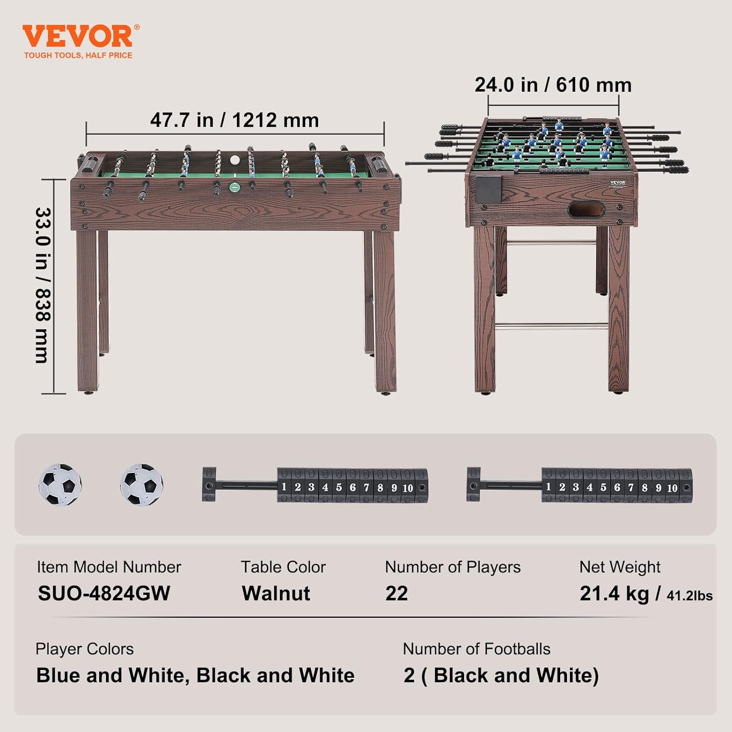 VEVOR Foosball Table, 48 Inch Standard Size for Home, Family, and Game Room, Indoor Soccer Table Set with 2 Balls and 2 Cup Holders