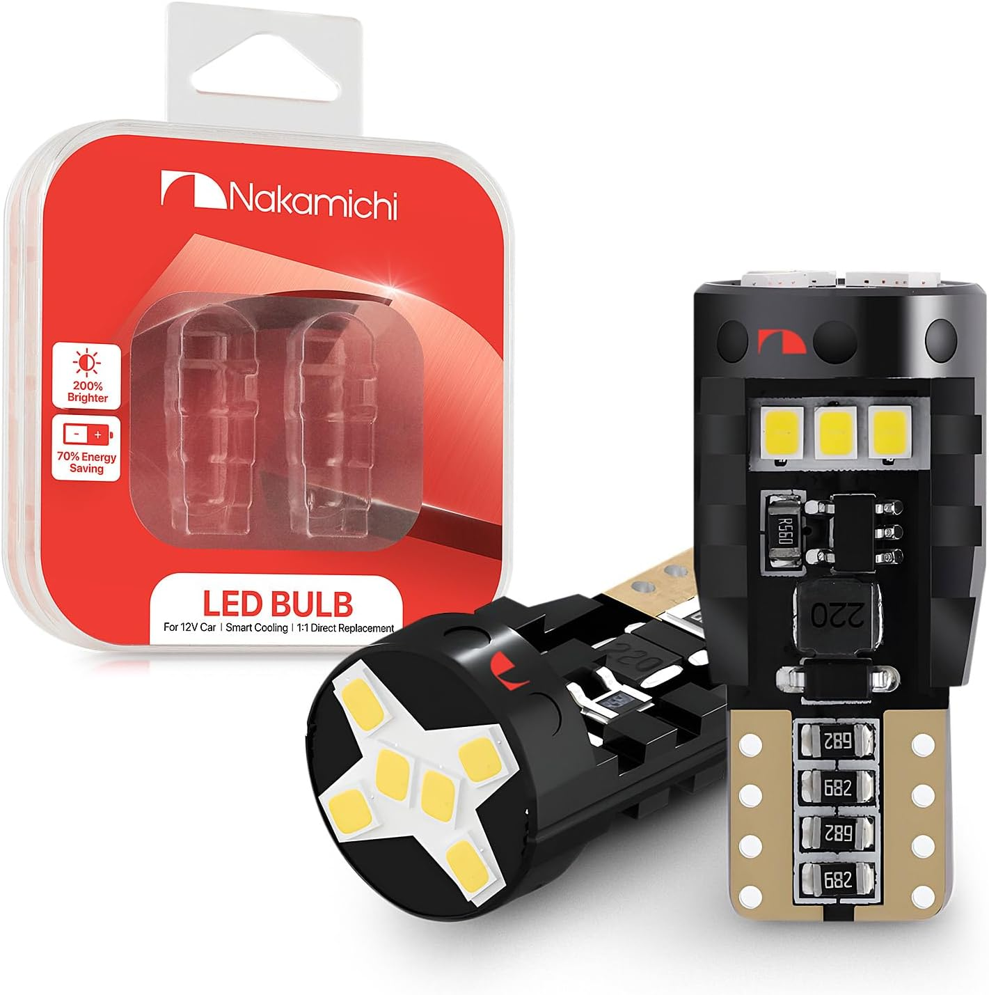 Nakamichi T10 LED Light Bulb 168 2825 194 W5W Wedge 12-SMD 2016 Chipsets LED Replacement Bulbs Error Free for Car Interior Dome Map Door License Courtesy Dash Lights (Giallo Amber, 12 Leds)