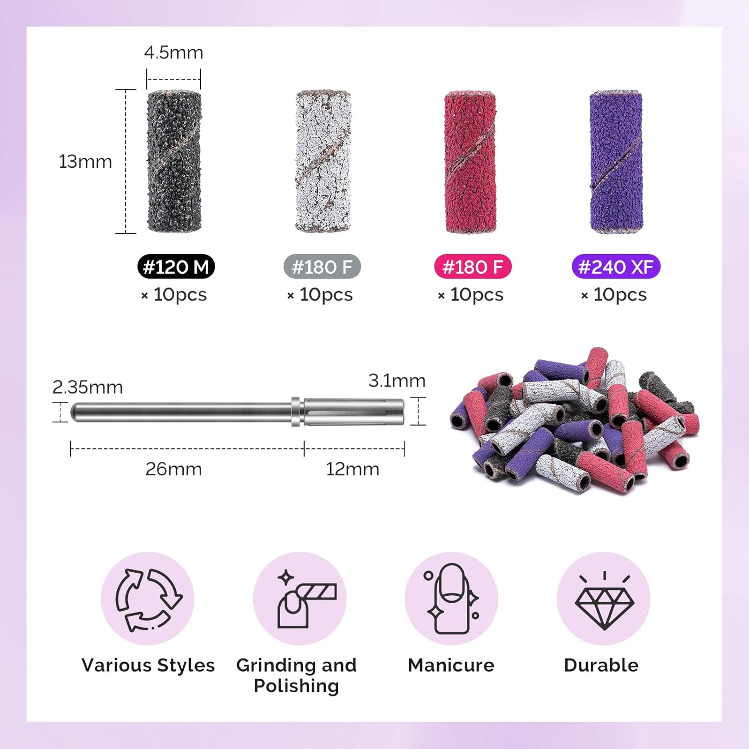 Melodysusie Nail Drill Bits, 10Pcs Diamond Sanding Bit Set with 40Pcs Small Sanding Bands (#120#180#240 Grits) with 3.1Mm Mandrel Bit, Nail Gel Polish Remover Tool for Acrylic Nails Manicure Nail Prep image number 5