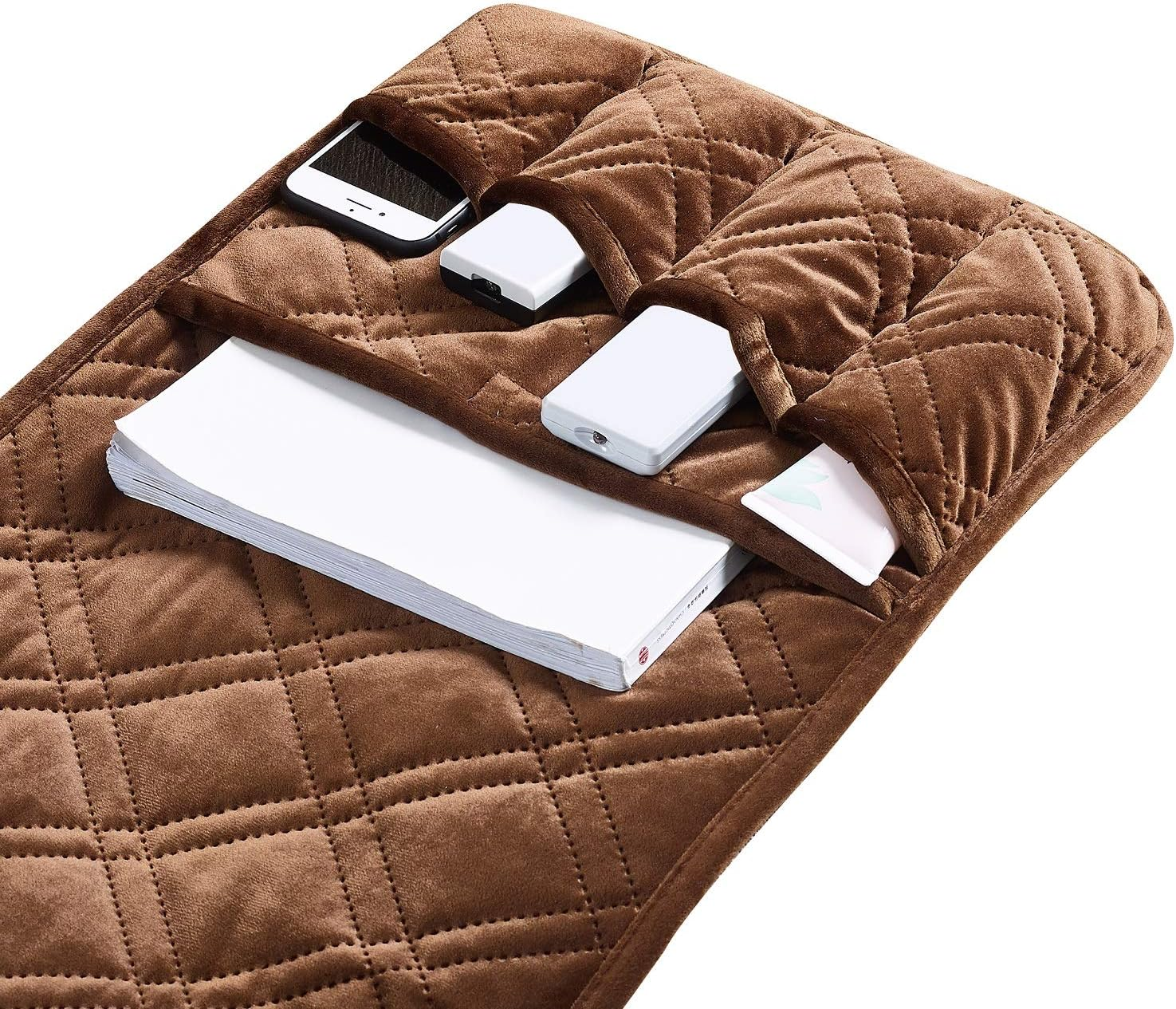 Brilliant Sunshine Chocolate Velvet Couch Armrest 5 Pockets Organizer, Slip Resistant Recliner Armchair Caddy, Washable Remote Controls Holder, Storage for Magazine, Tablet, Ipad, 35&times;13", Chocolate image number 3